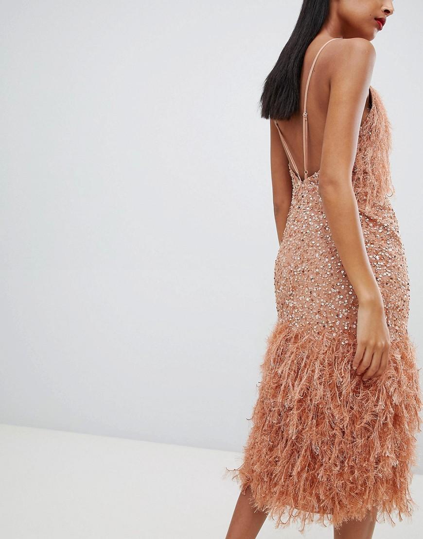 ASOS Denim Faux Feather Trim Sequin Midi Dress in Pink Lyst