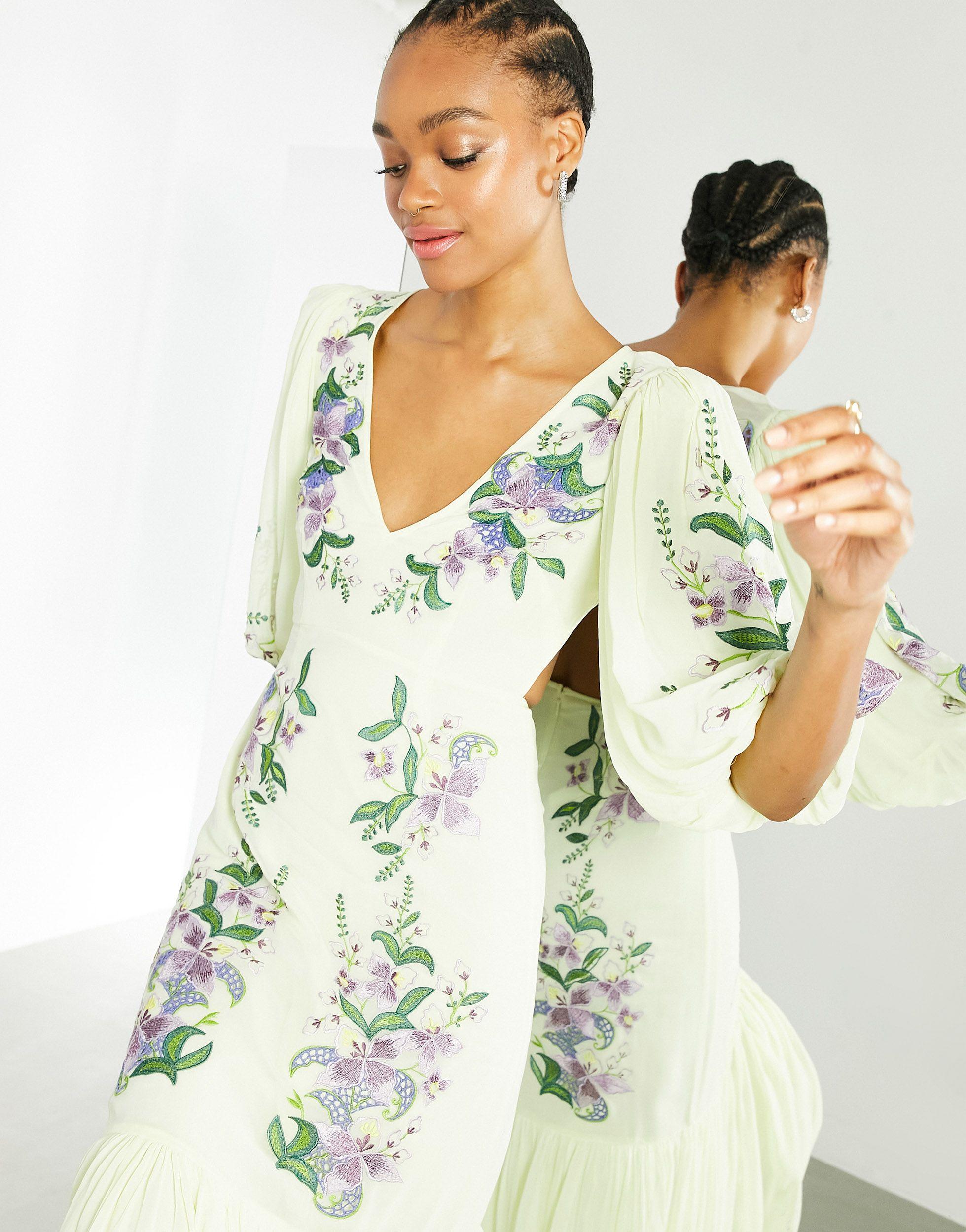 ASOS Gelaagde Lange Jurk Met Bloemenborduursel in het Geel Lyst NL