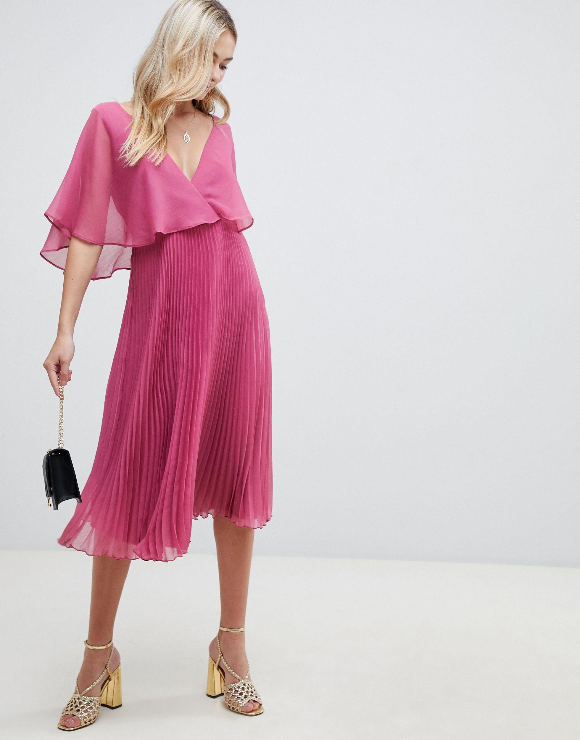 ASOS Denim Flutter Sleeve Midi Dress With Pleat Skirt in Pink - Lyst