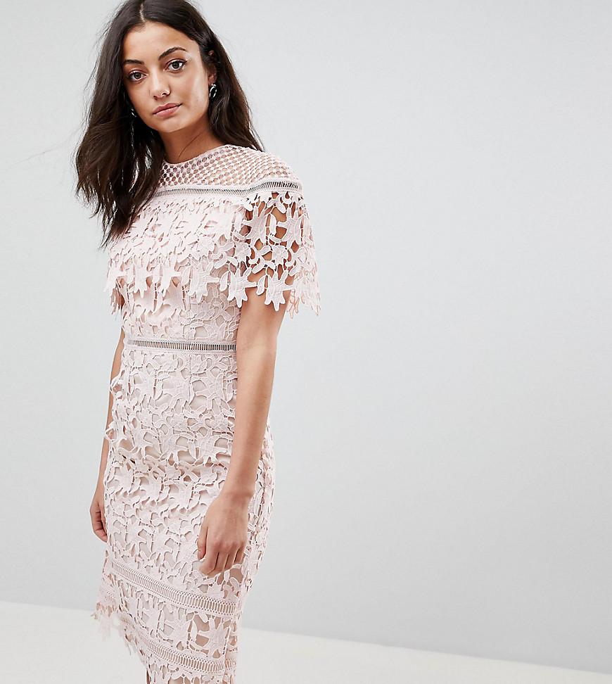 Chi Chi London Lace High Neck Pencil Midi Dress in Pink | Lyst