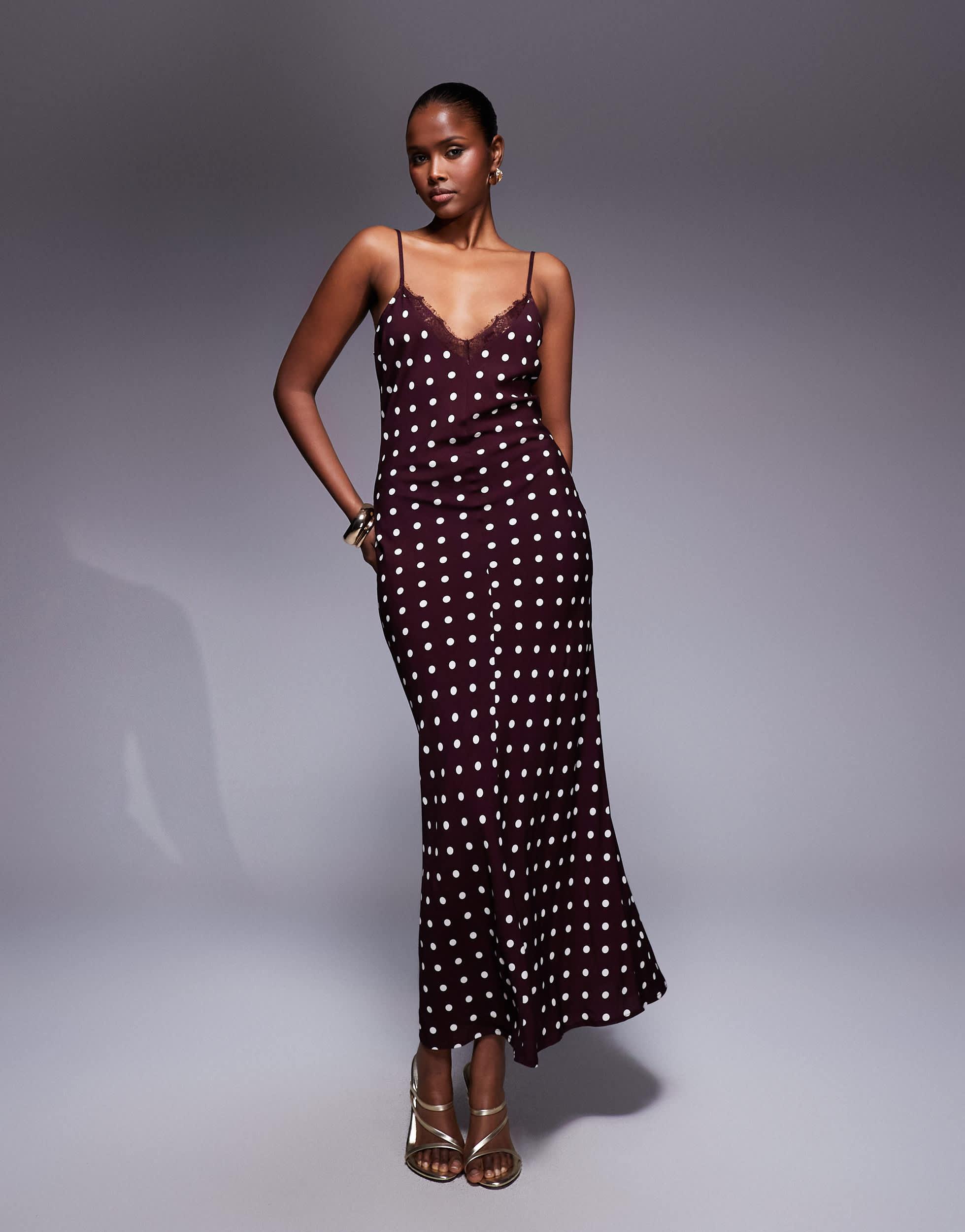 ASOS V-neck Lace Trim Satin Slip Maxi Dress in Purple | Lyst