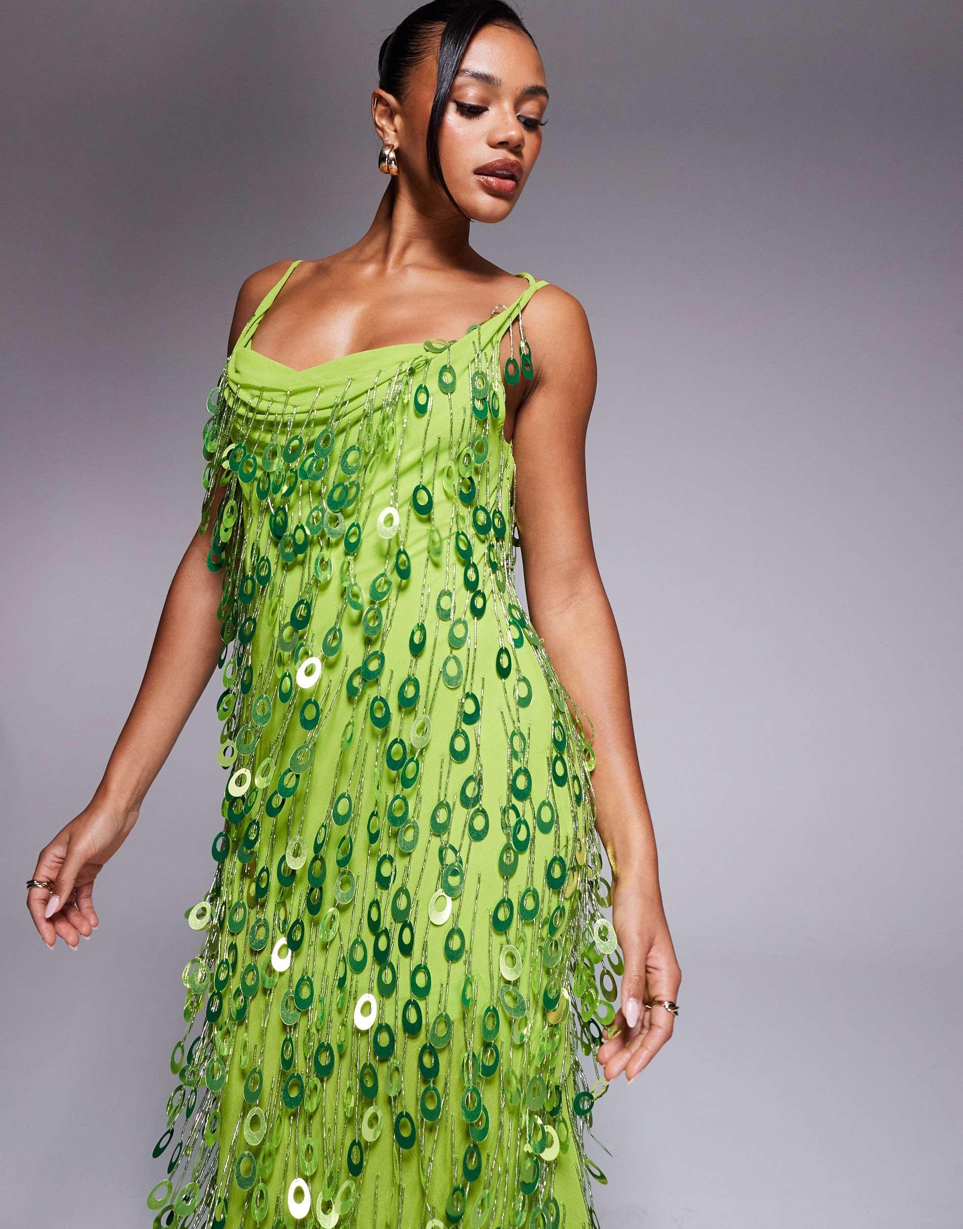 ASOS Sequin Droplet Cowl Neck Maxi Dress in Green | Lyst