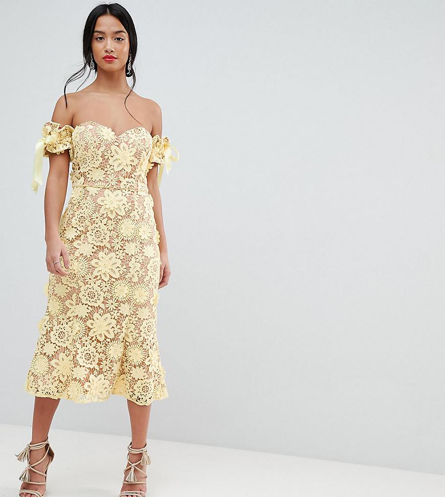 Vestito midi in pizzo sangallo con scollo alla Bardot e fiocco sulle  manicheJarlo in Pizzo di colore Giallo | Lyst