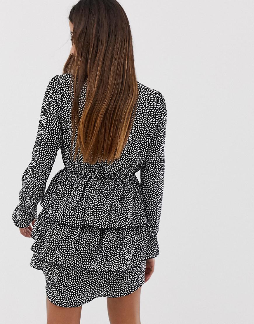 boohoo tiered ruffle mini dress with keyhole tie detail in mono polka dot