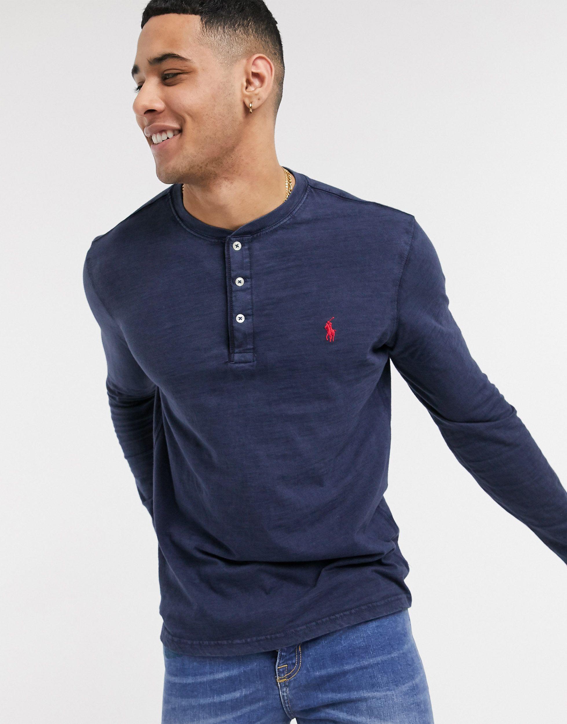 Polo Ralph Lauren Player Logo Slub Long Sleeve Henley Top in Navy (Blue)  for Men | Lyst