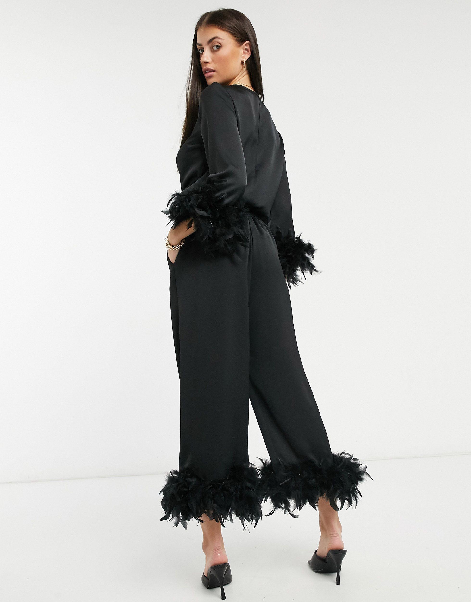 River Island Feather Hem Co-ord Trouser in Black | Lyst