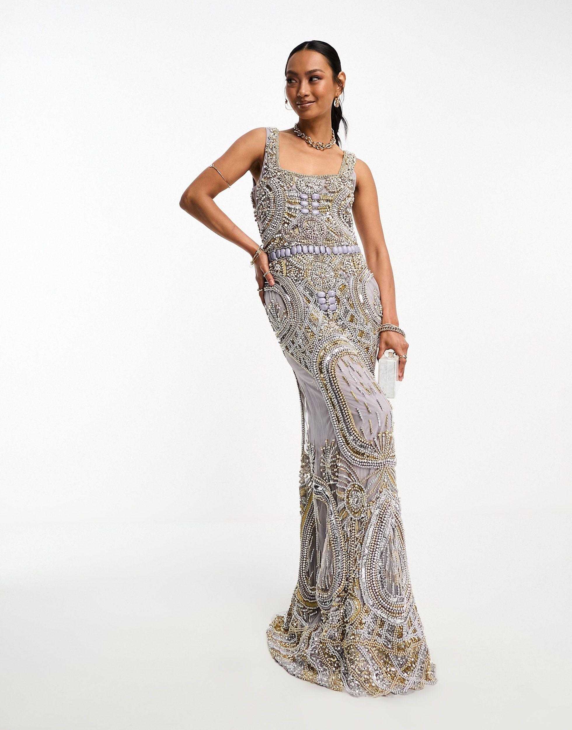 A star is born embellished prom maxi dress with plunge front in multi sales