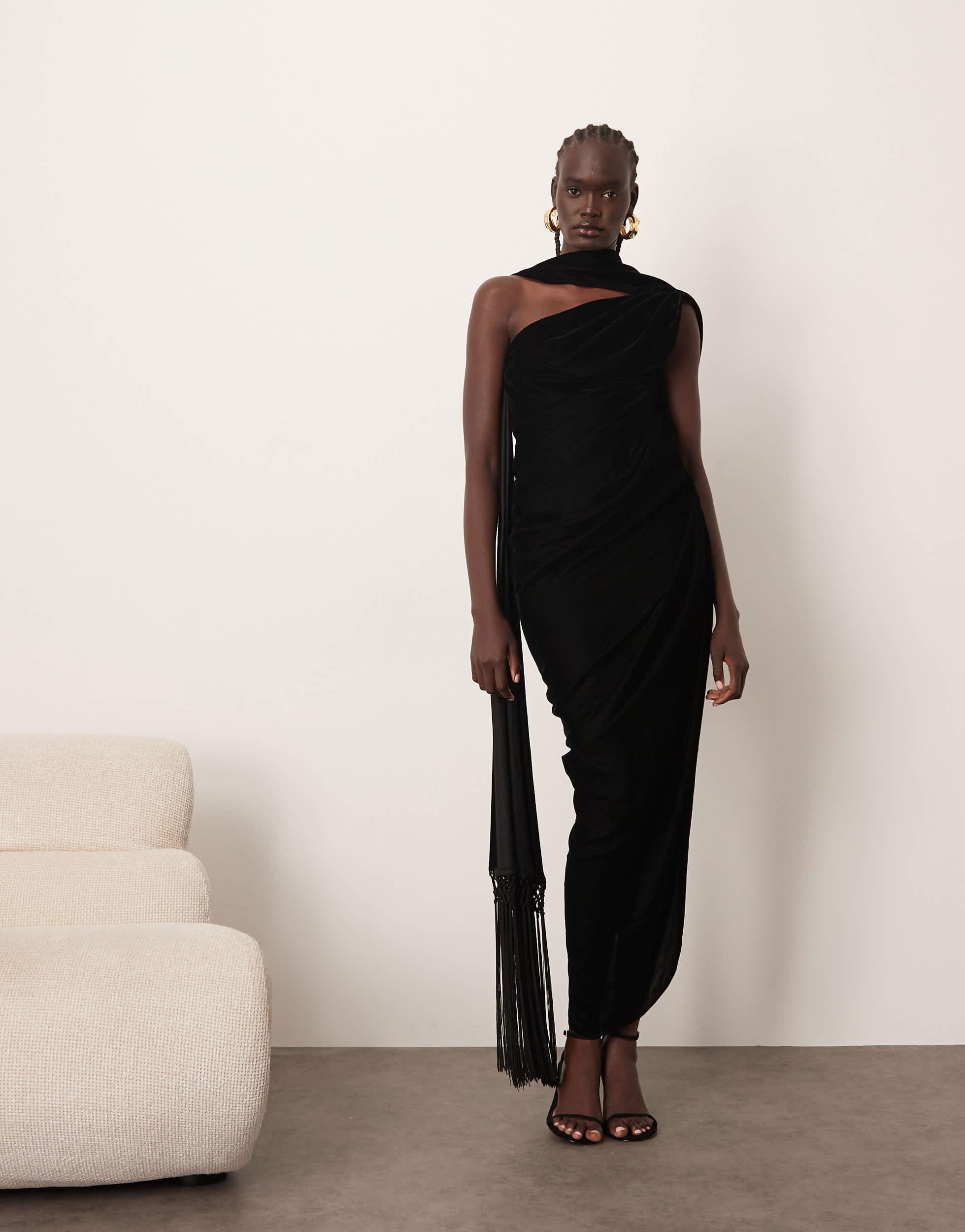 black velvet draped wrap detail bandeau maxi dress Women's Petite Black Drape Detail Bandeau Maxi Dress