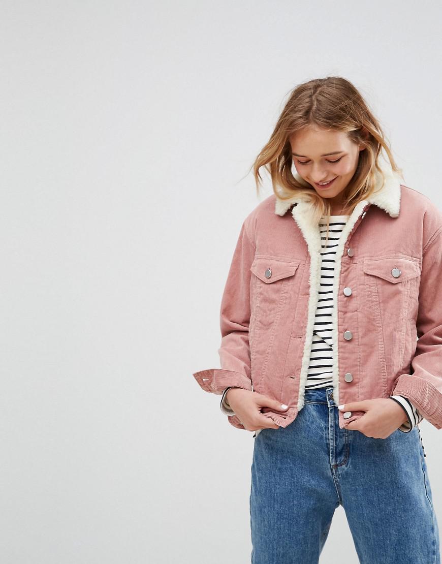 ASOS Cord Jacket With Borg Collar In Washed Pink | Lyst UK
