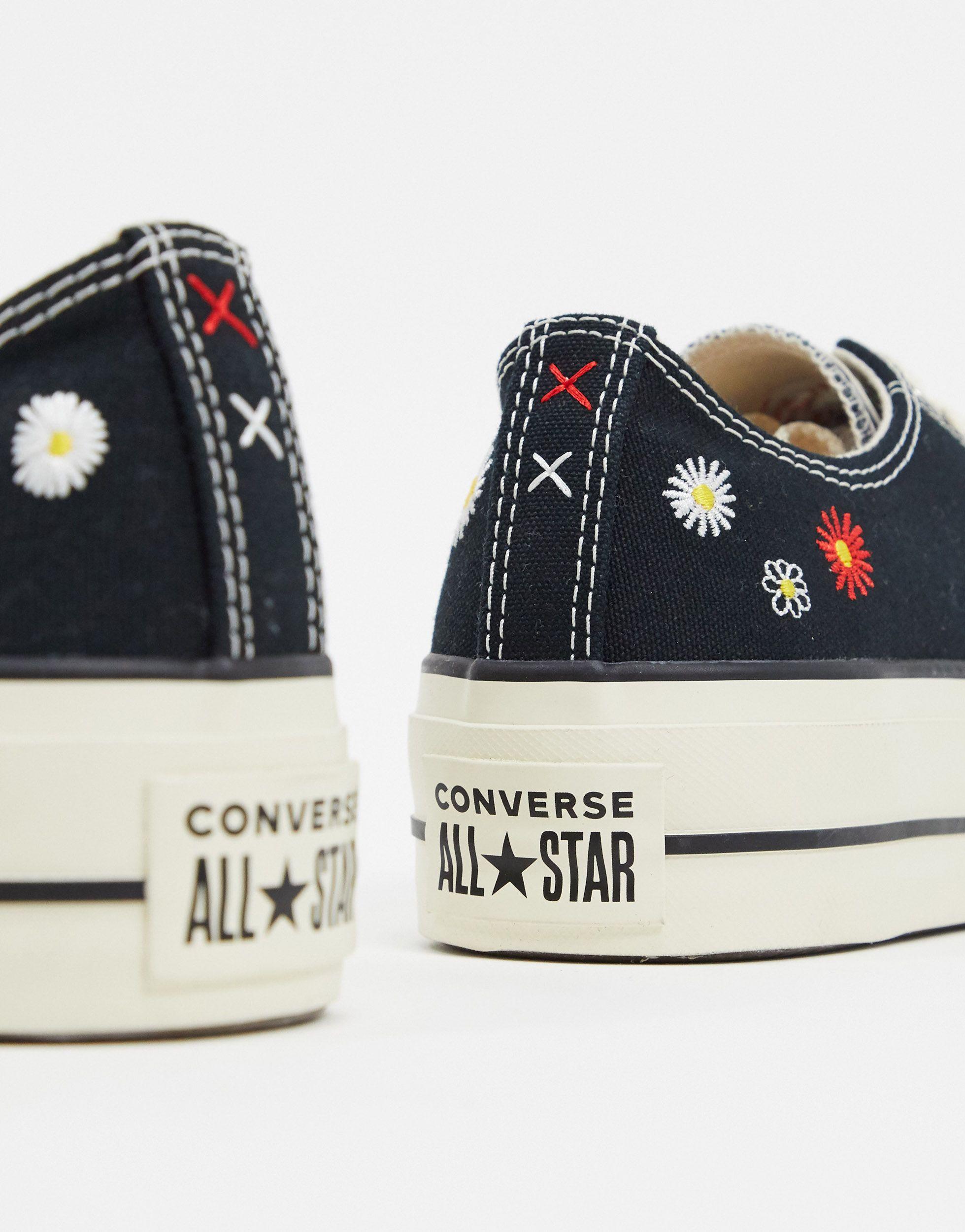 Converse Chuck Taylor Lift Platform Black Embroidered Floral Sneakers | Lyst