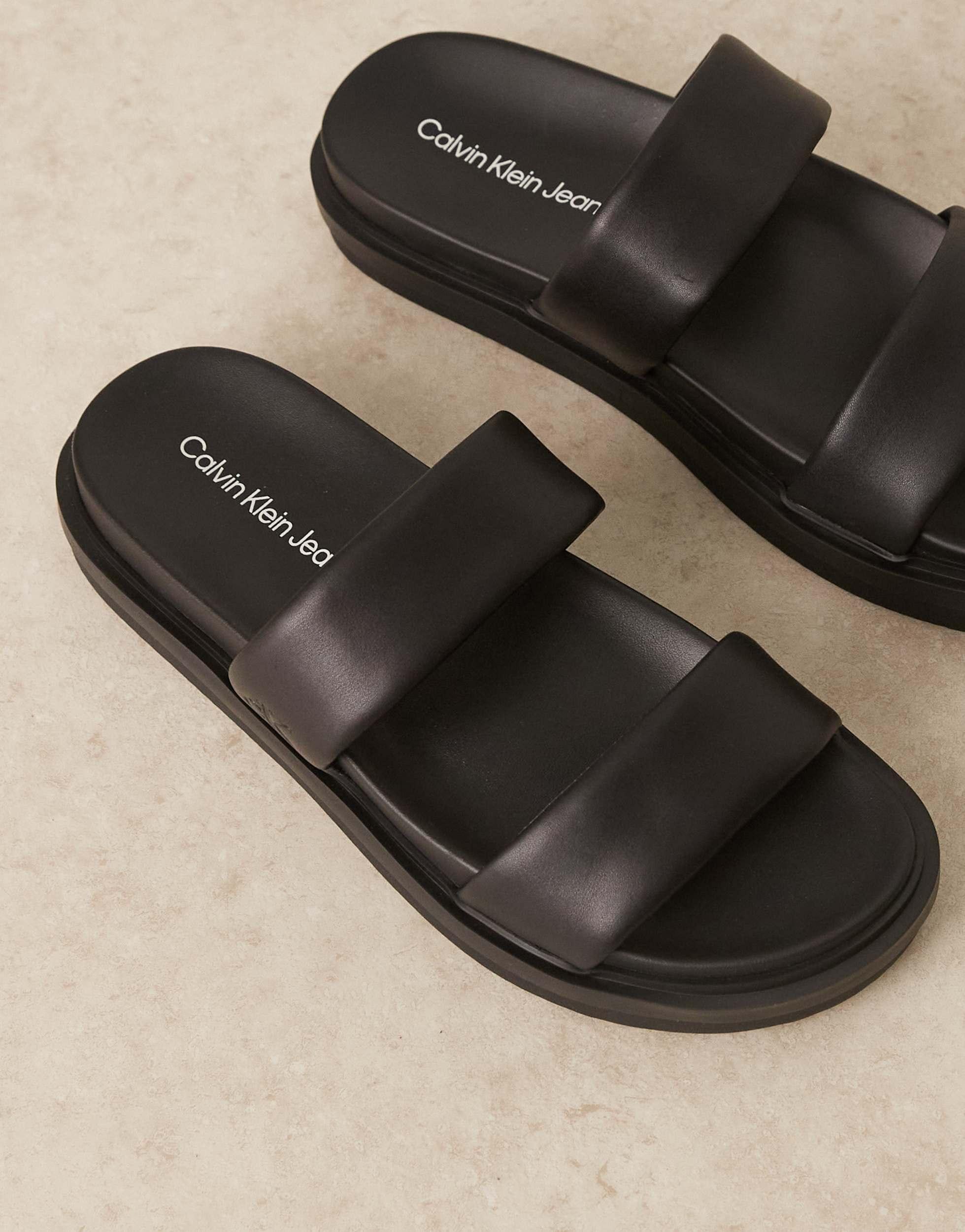 Calvin Klein Leather Double Strap Slider Sandal in Black for Men