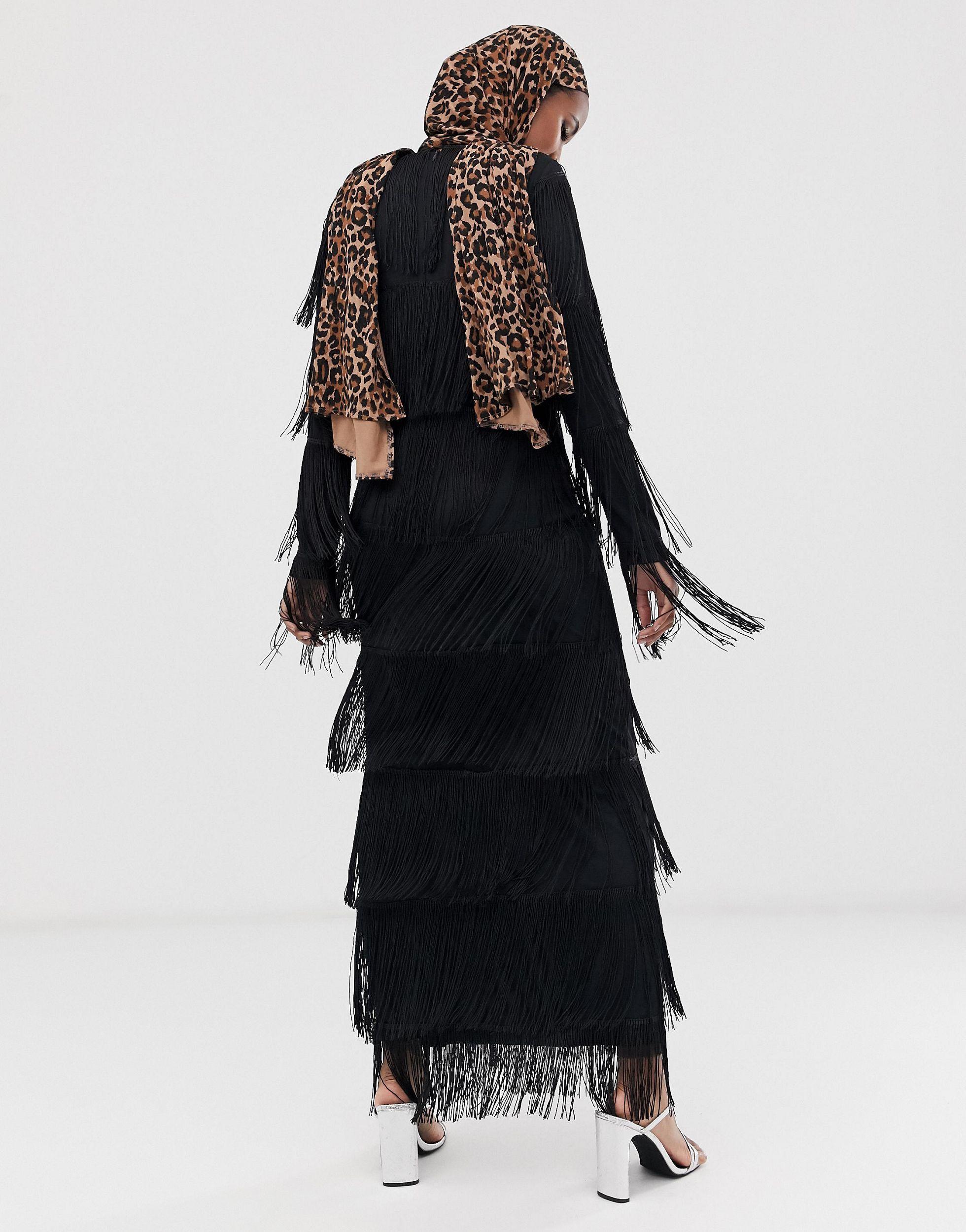 Long Sleeve Fringe Column Maxi Dress 