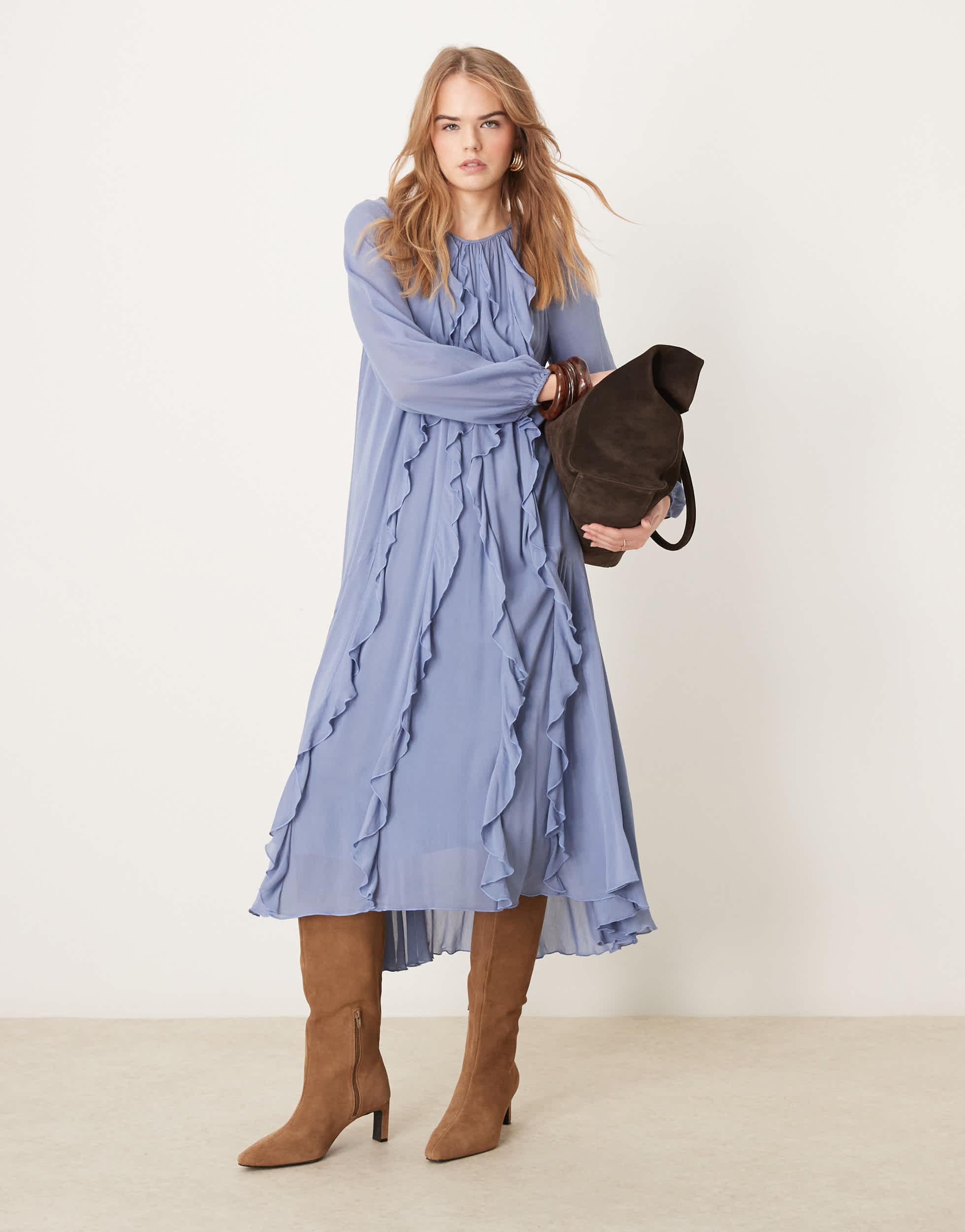 Nobody's Child Dixie Frill Boho Midi Dress in Blue | Lyst