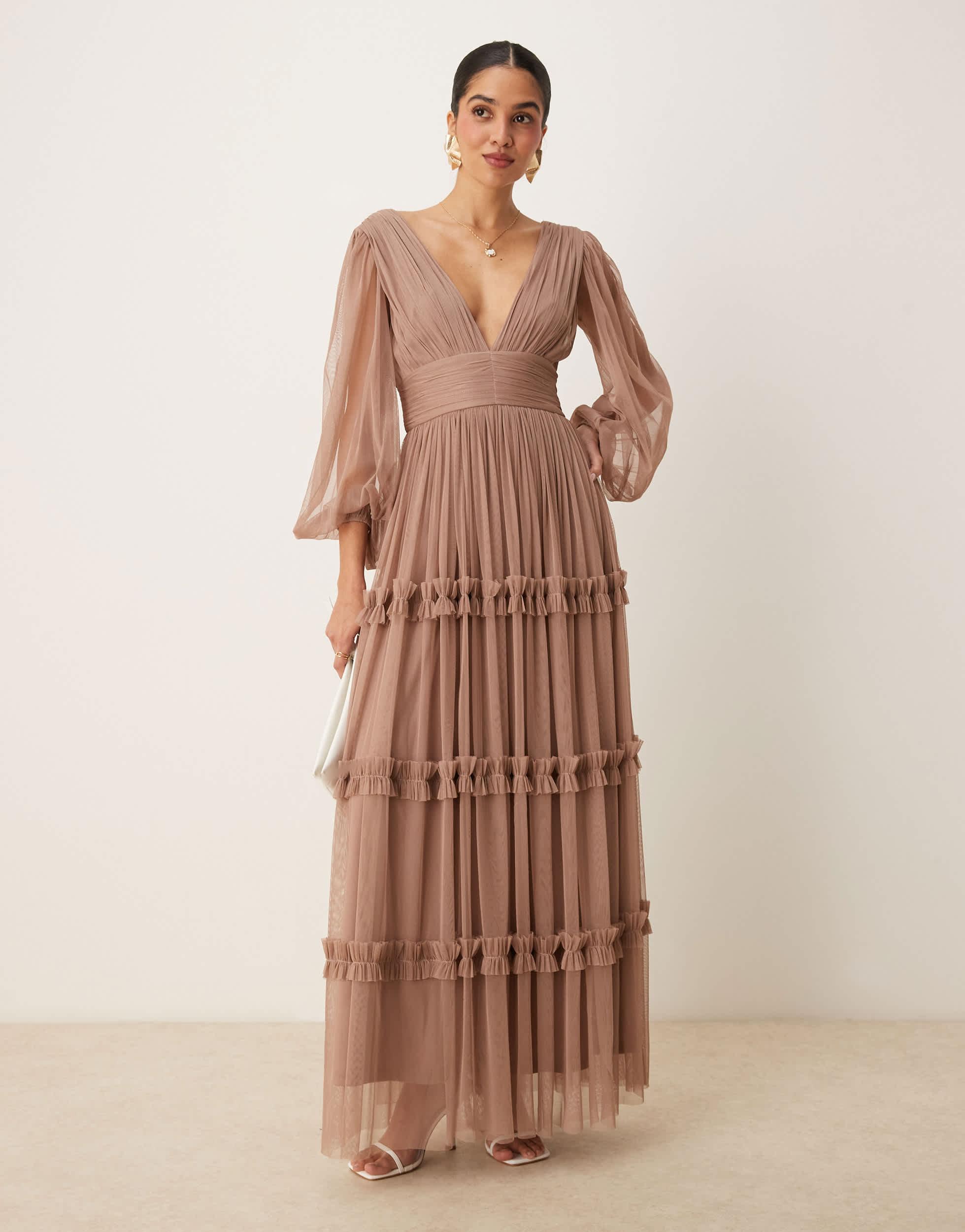 brown ruffle maxi dress Shop Galore Chocolate Bias Ruffle Slip Maxi Dress main image 0