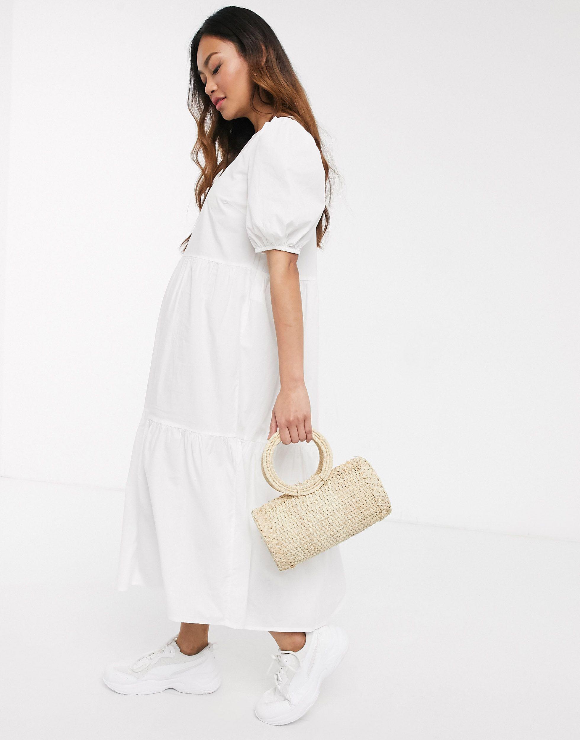 Pieces Cotton Midi Smock Dress With Puff Sleeve in White | Lyst