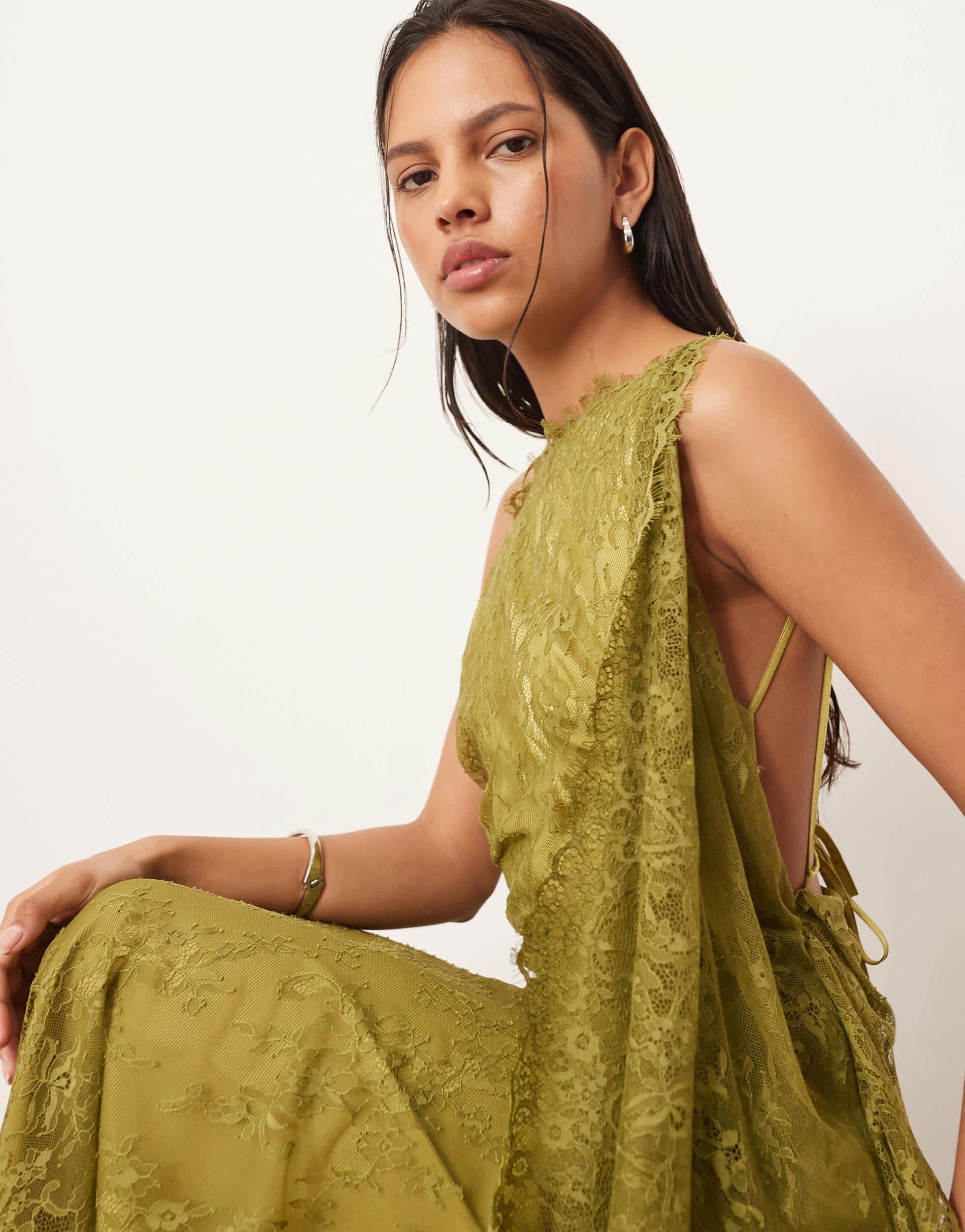 asos edition sheer embroidered floral lace open back maxi dress ASOS EDITION sheer embroidered floral lace open back maxi dress in lime green