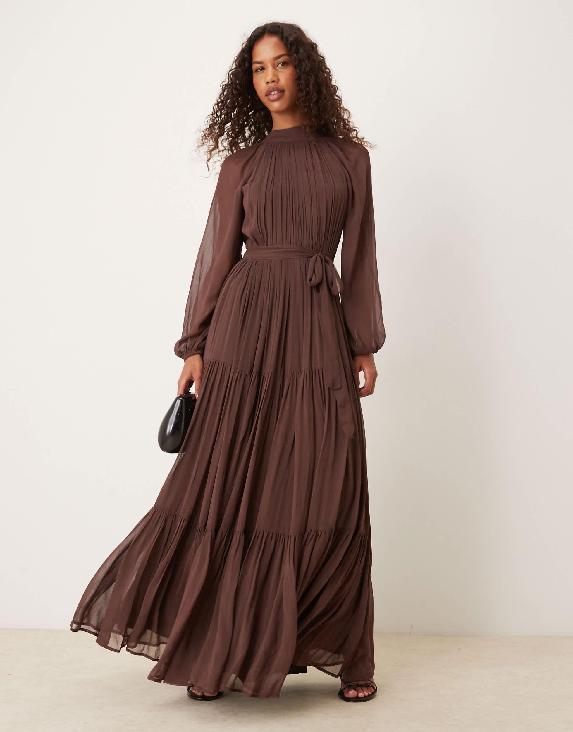LACE & BEADS Chiffon Balloon Sleeve Maxi Dress in Brown | Lyst
