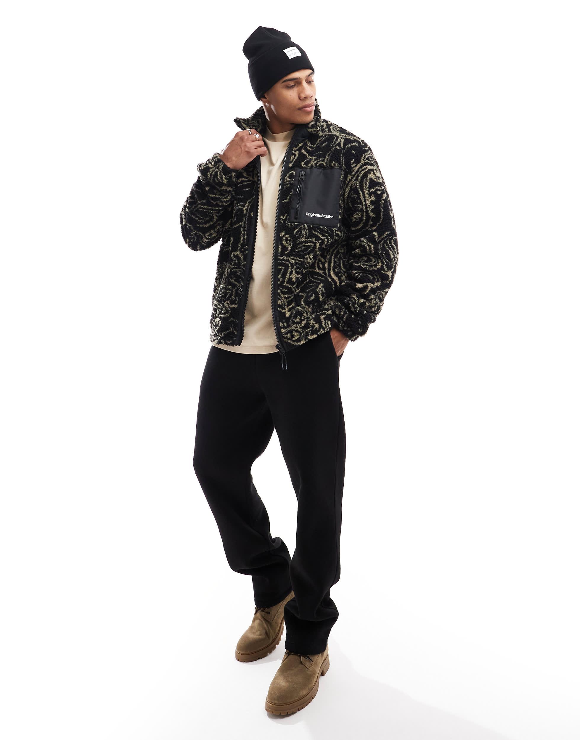Jack & Jones Paisley Printed Zip Through Borg Jacket in