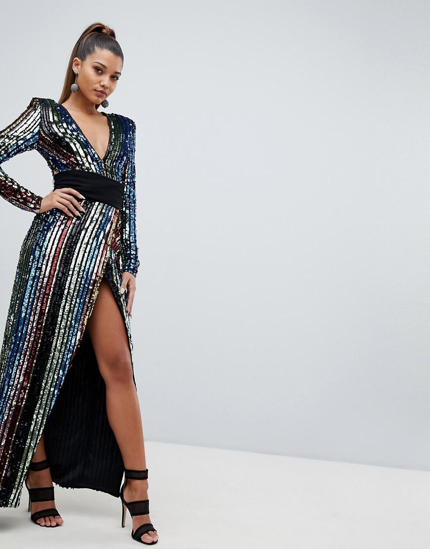 sequin wrap front long sleeve gown eliza j