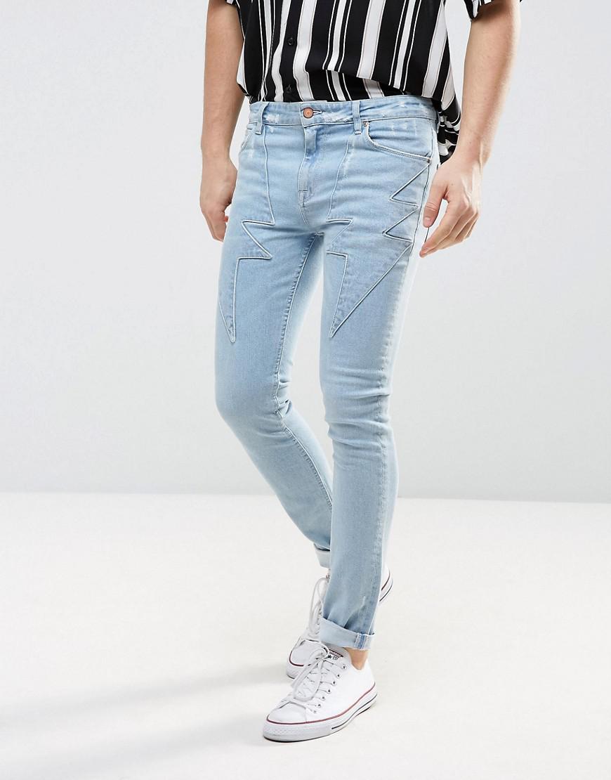 ASOS Denim Super Skinny Jeans In Light Wash Blue With Lightning Bolt Detail for Men - Lyst
