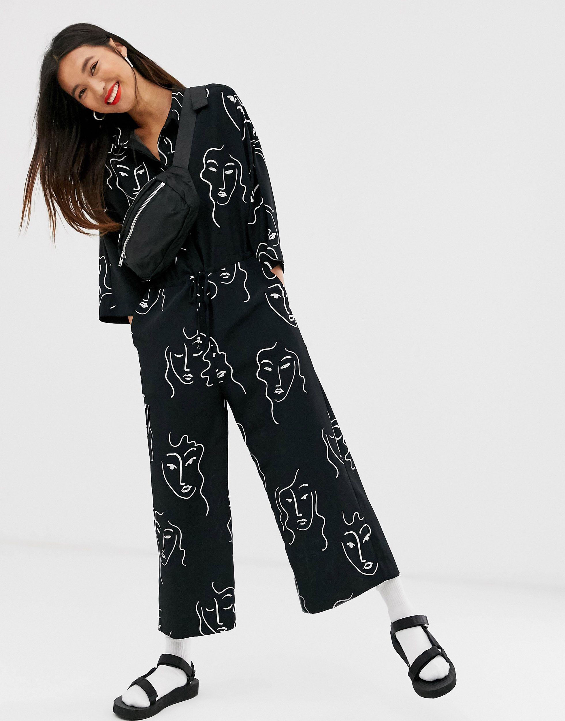 Monki Faces Print Drawstring Waist Jumpsuit in Black | Lyst