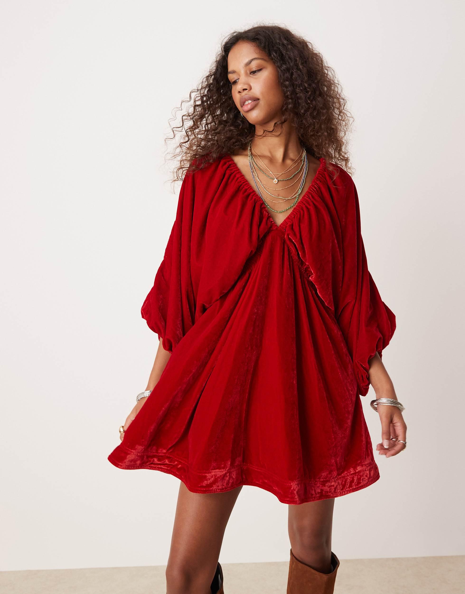 Free People Velvet Balloon Sleeve Mini Dress in Red Lyst Canada