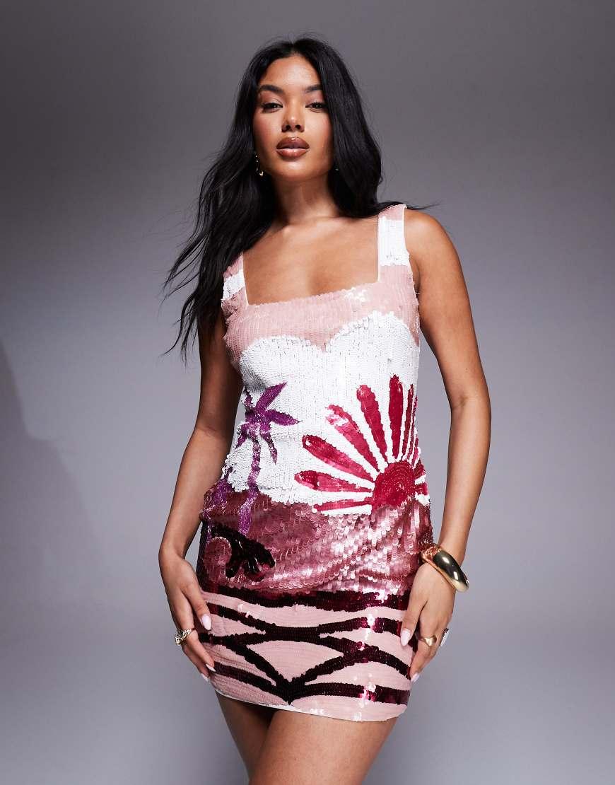 river island pink bodycon dress Sequin Embellished Mini in ready pizzazz to this