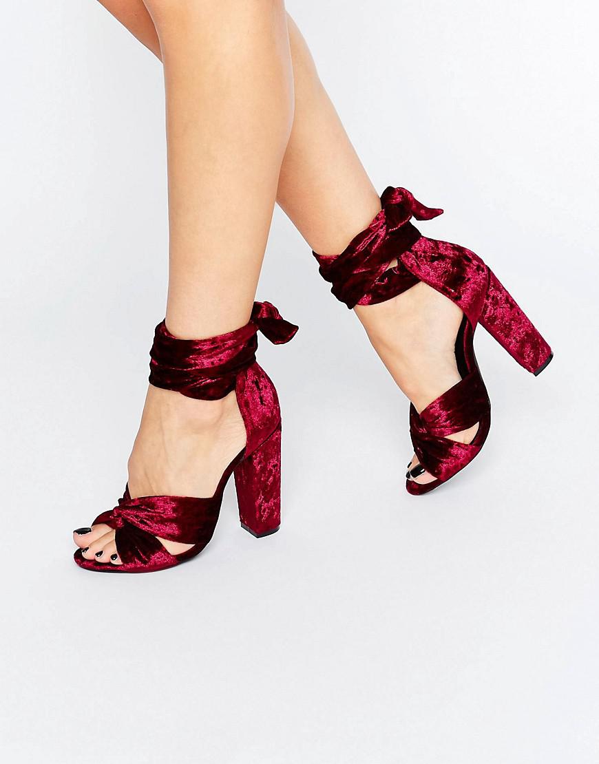 Missguided Velvet Tie Block Heeled Sandals in Red | Lyst
