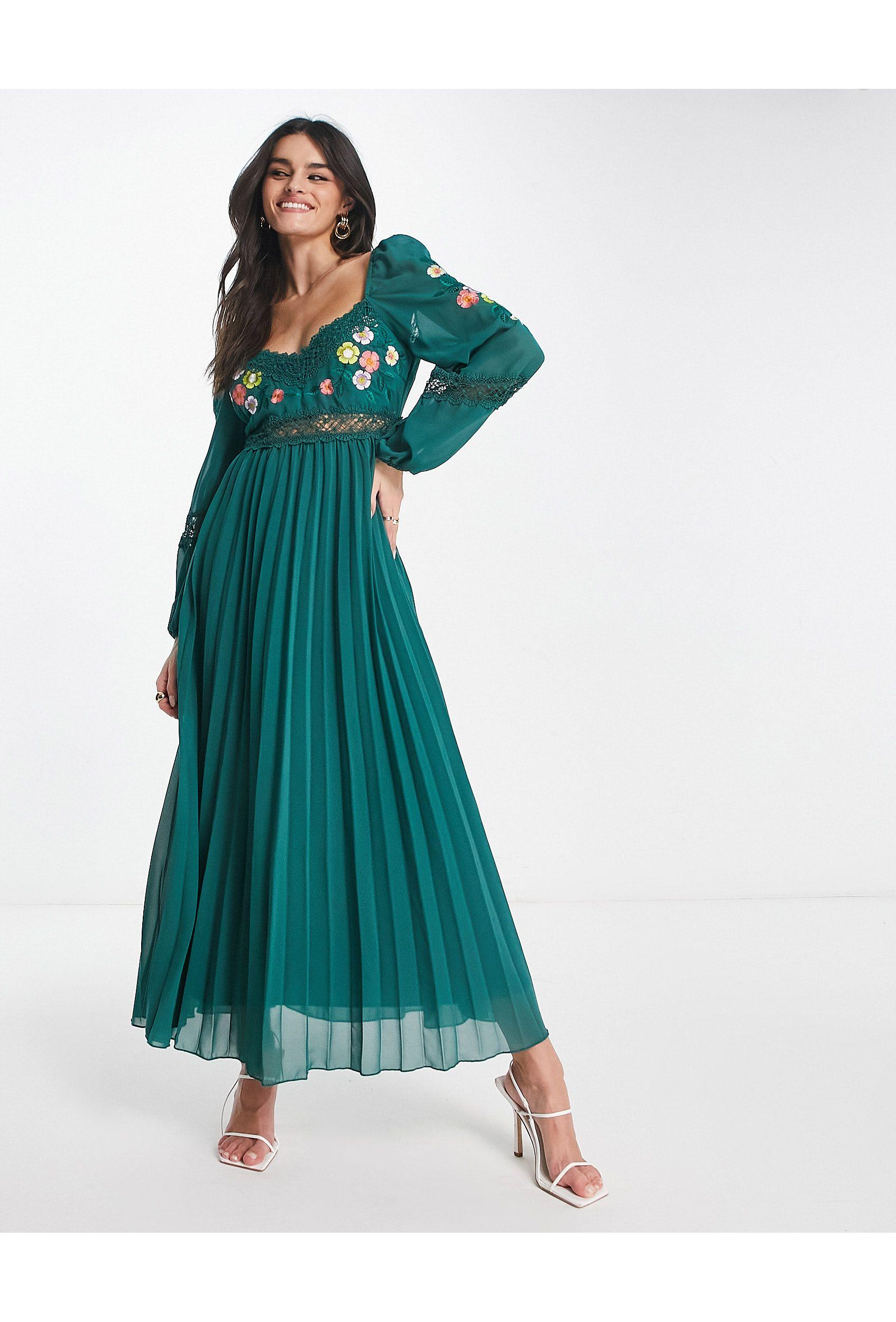 ASOS Geplooide Midi Jurk Met Kanten Inzetstukken En Lange Mouwen in het Blauw Lyst NL
