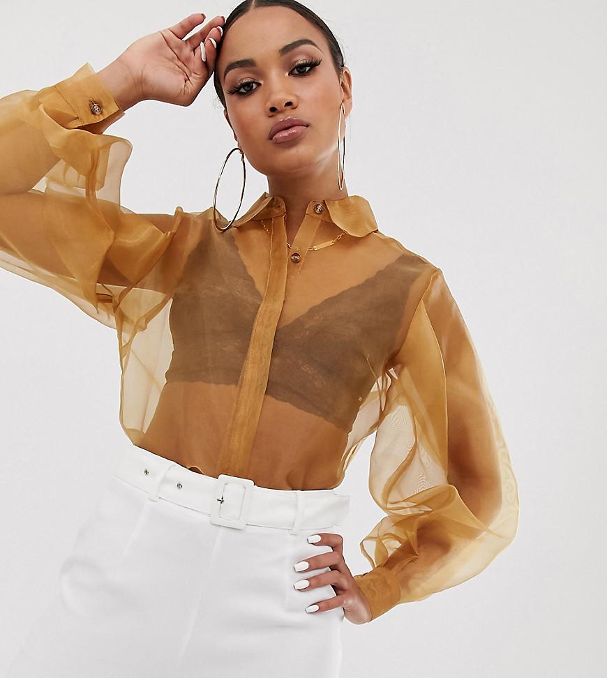 UNIQUE21 Organza Shirt With Balloon Sleeves in Brown | Lyst