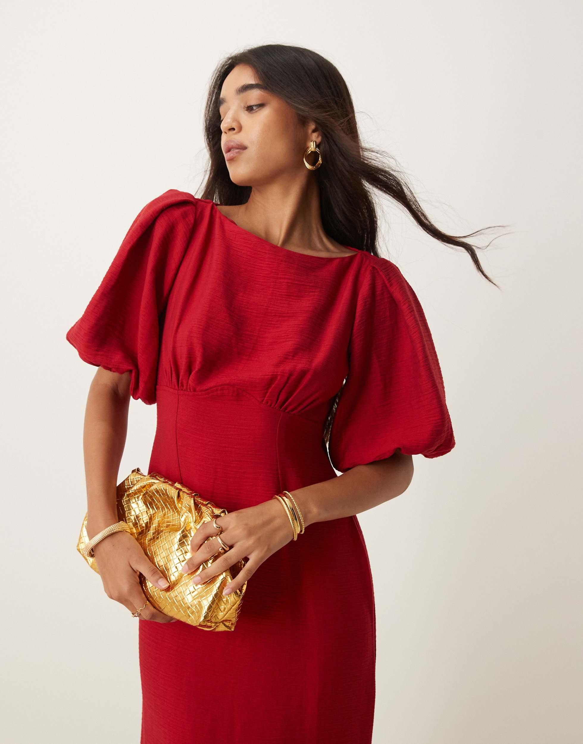 Nobody's Child Hannah Midaxi Dress With Balloon Sleeve in Red | Lyst
