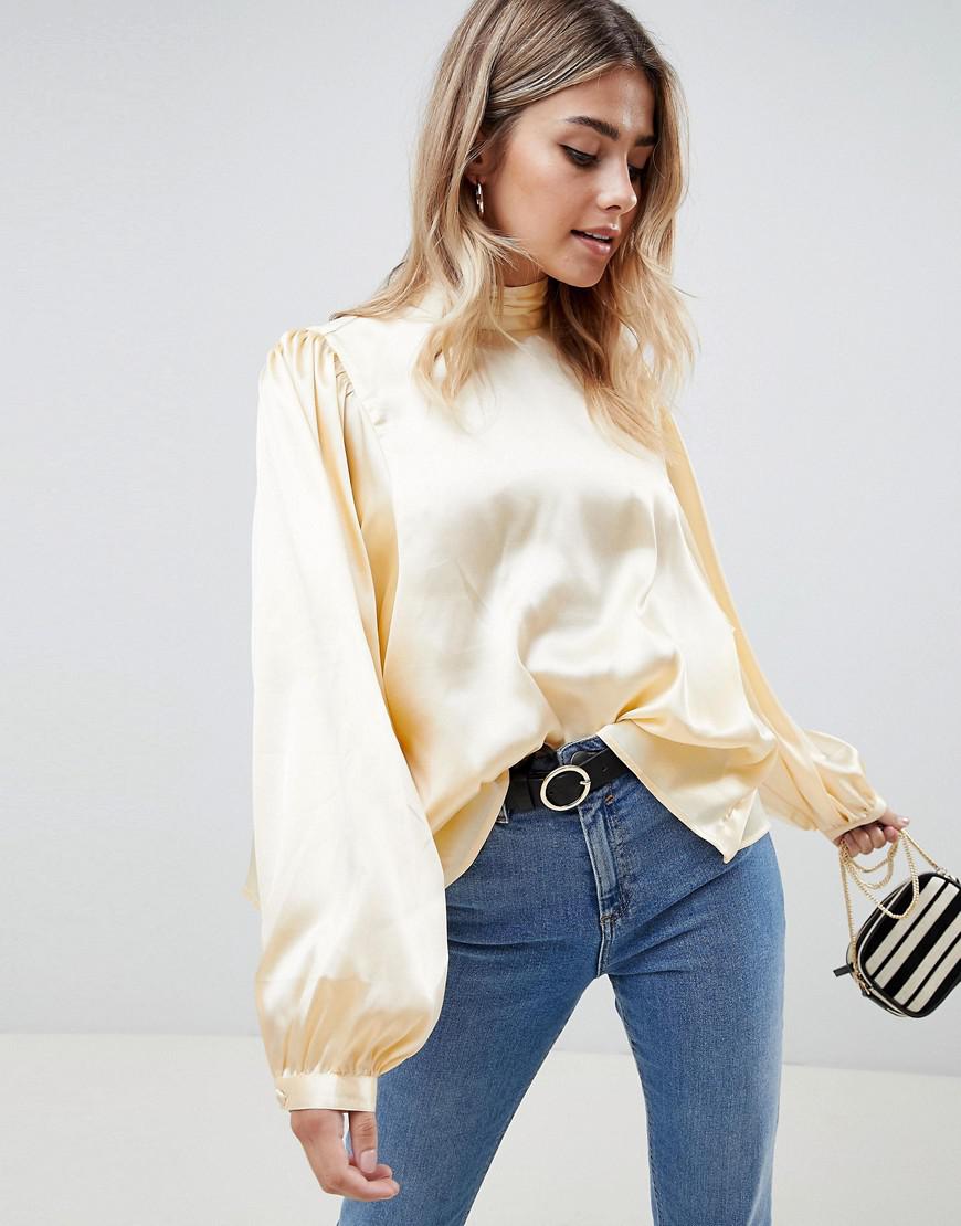 ASOS Long Sleeve Satin Blouse With High Neck And Open Back in Natural