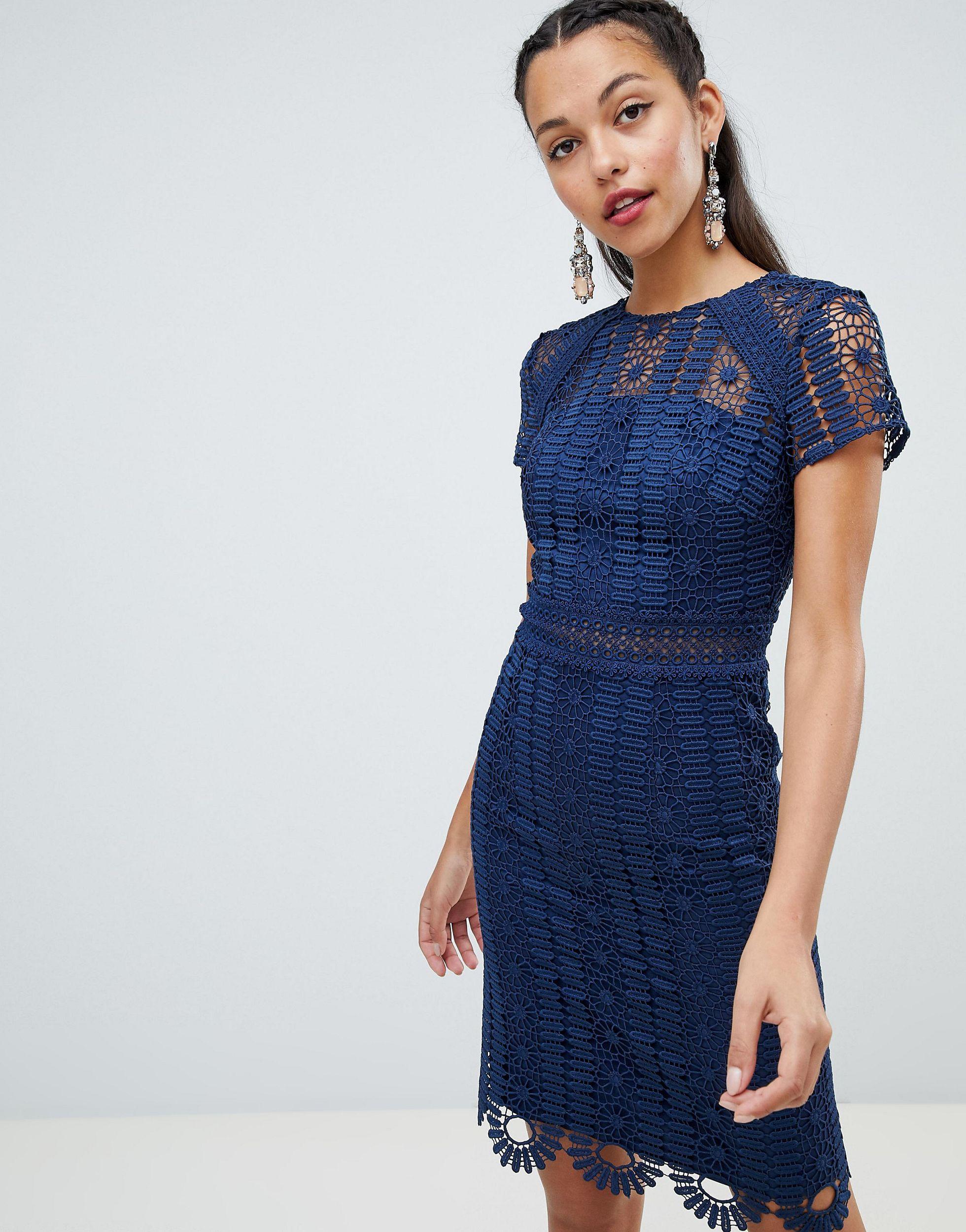 chi chi london premium lace midi dress with cap sleeve in navy