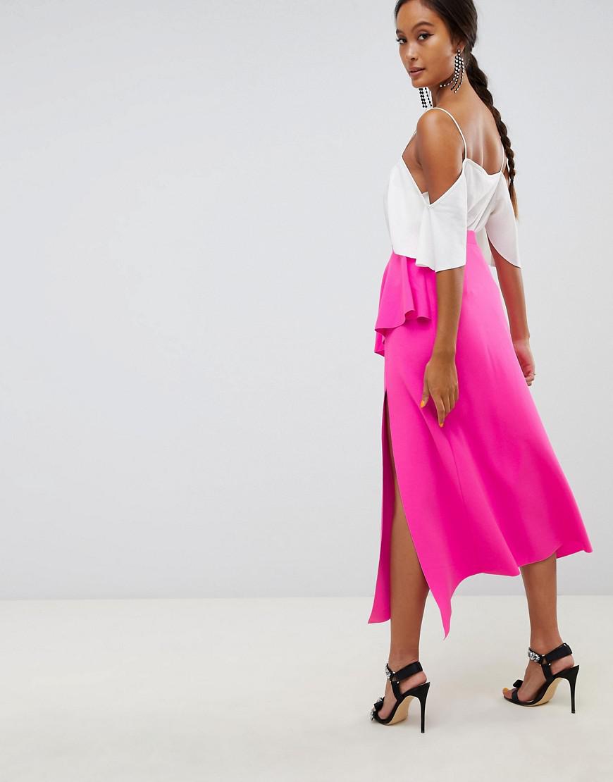 ASOS Denim Midi Skirt With Asymmetric Hem in Pink - Lyst