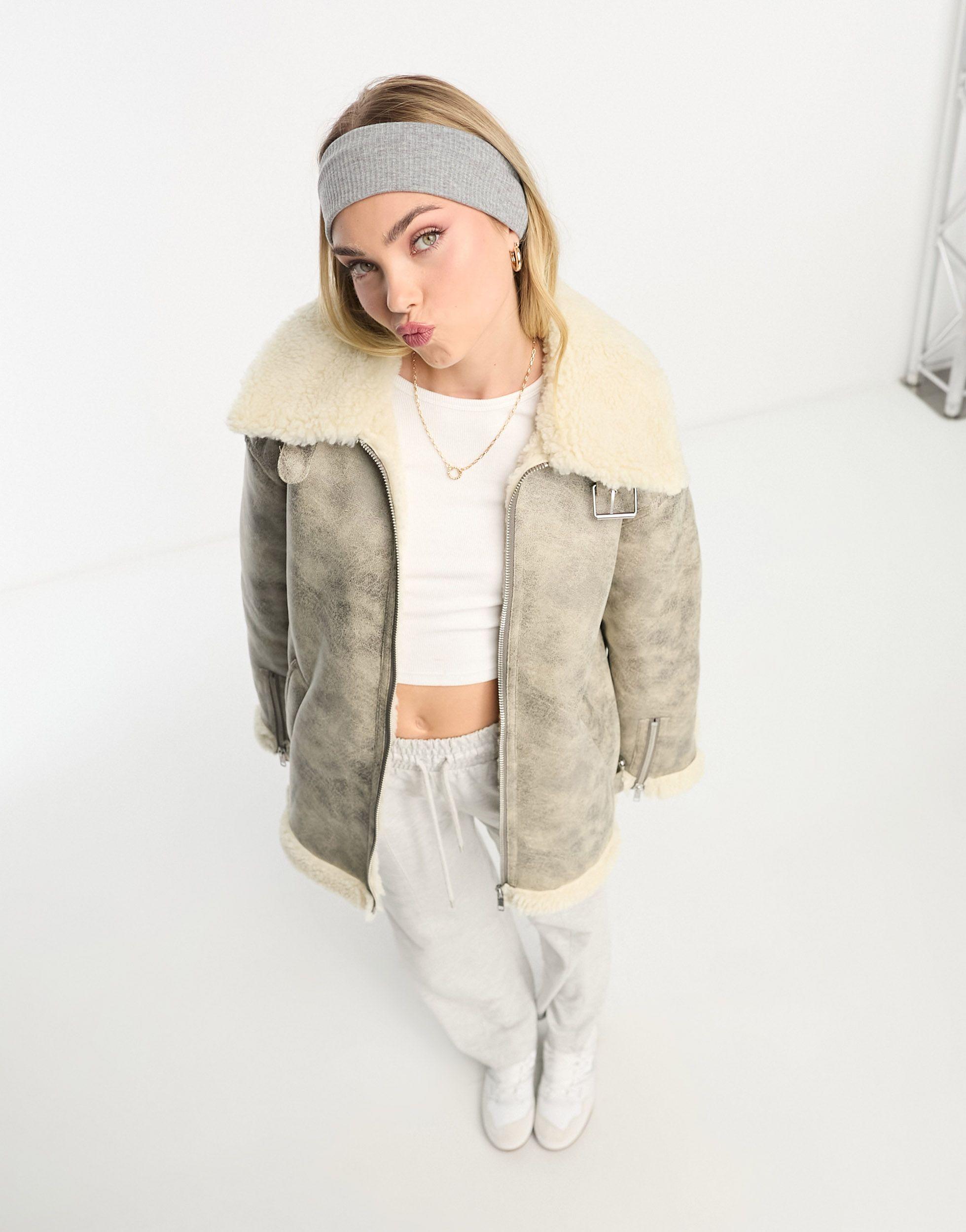 Monki Distressed Faux Leather And Shearing Aviator Jacket in Natural | Lyst