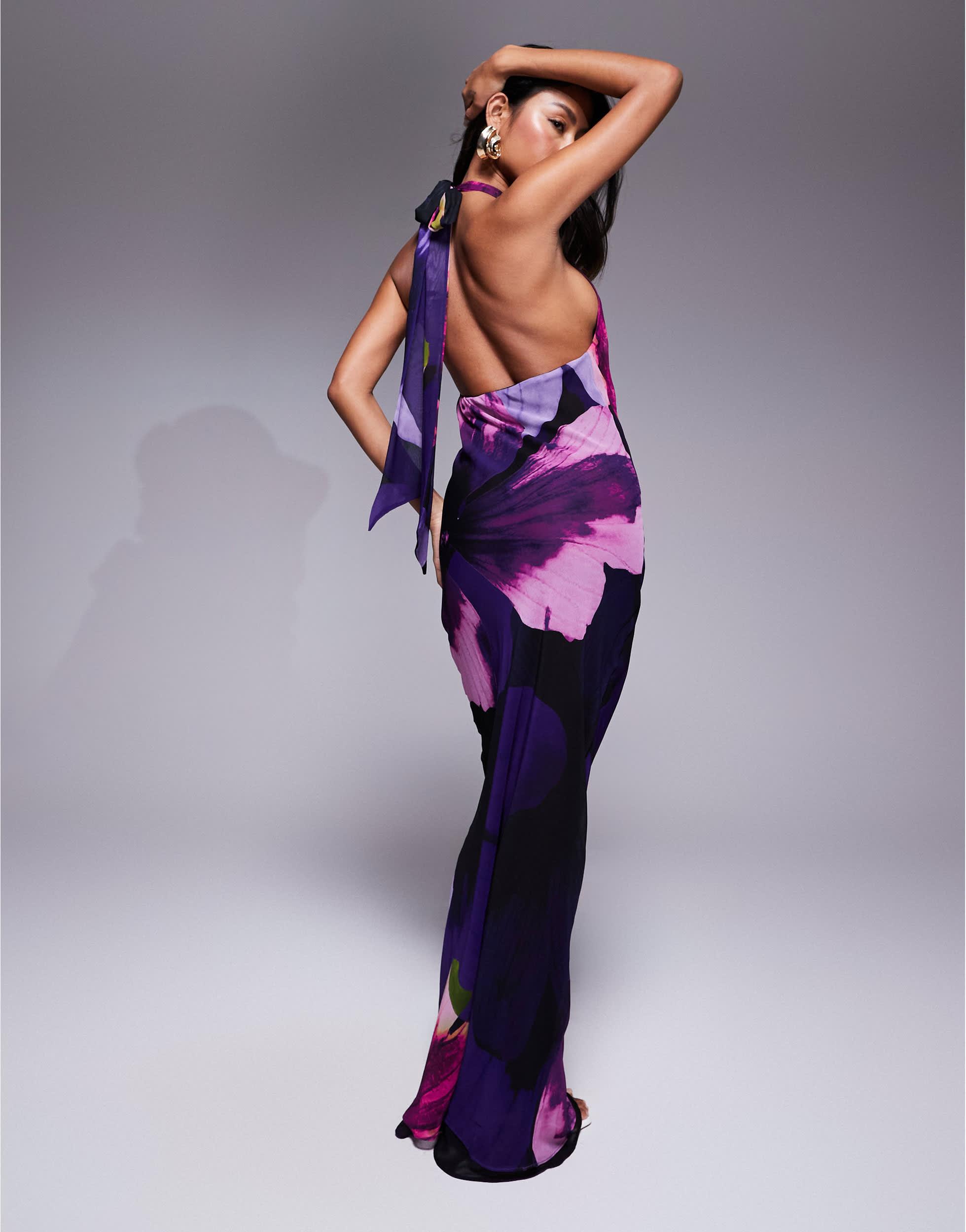 River Island Halterneck Floral Maxi Dress in Purple