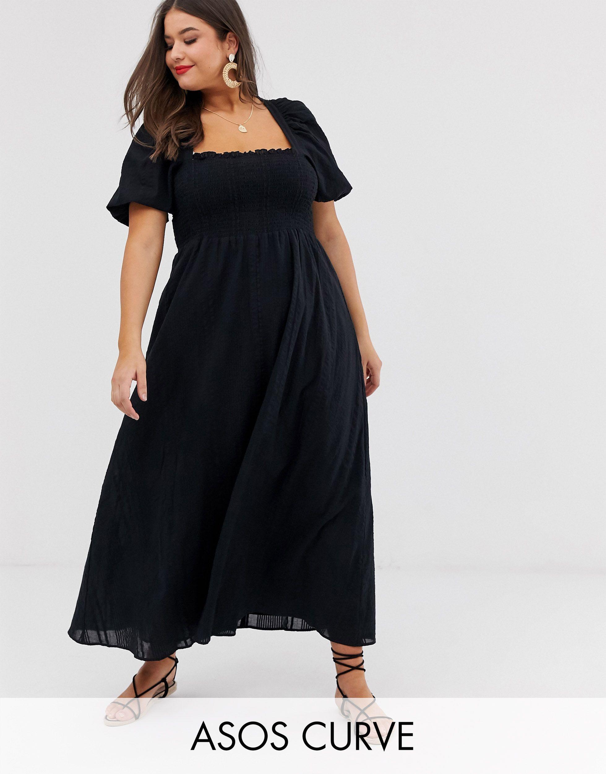 Asos design curve - vestito lungo con bustino arricciato e maniche a  palloncinoASOS in Cotone di colore Nero | Lyst