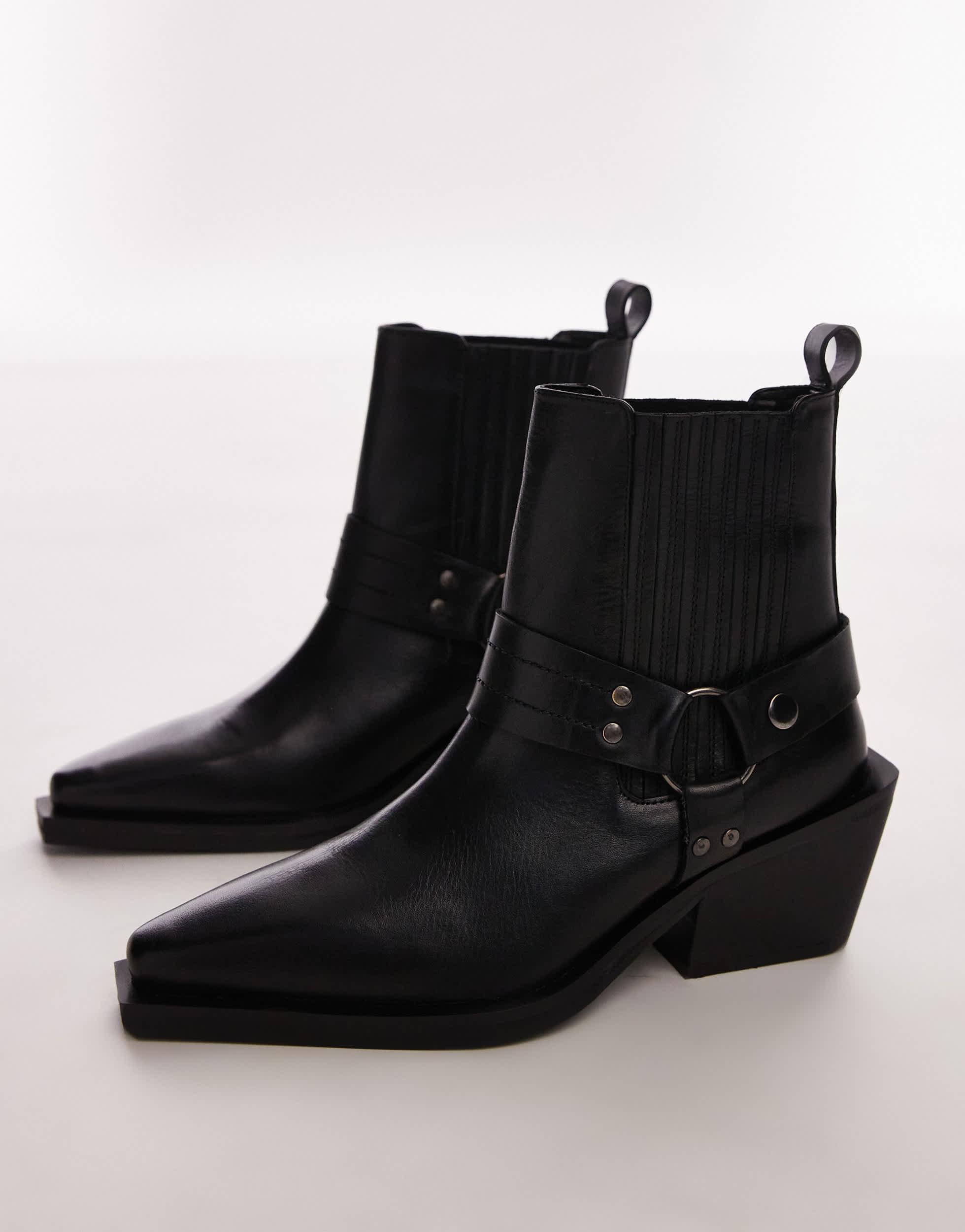 TOPSHOP Wide Fit Maxy Leather Western Boots With Harness in Black