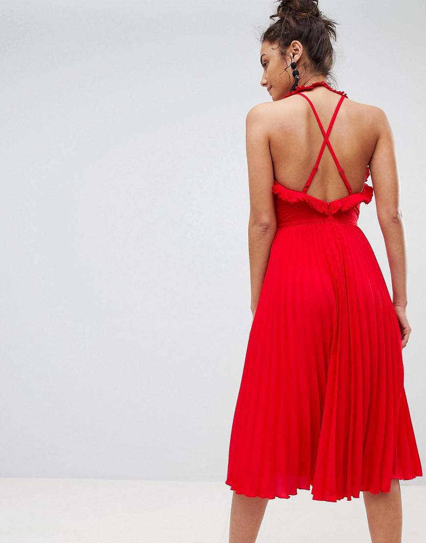 asos pleated midi dress with ruffle open back
