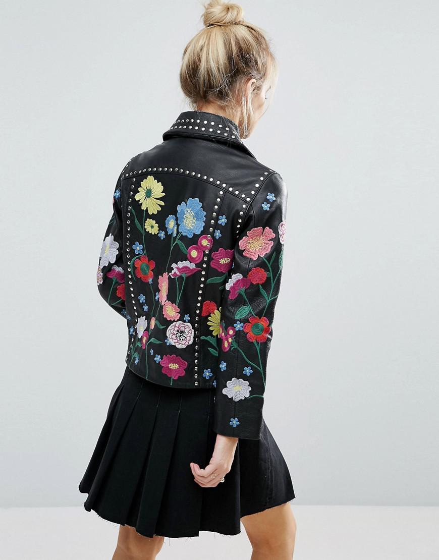 ASOS Floral Embroidered Leather Biker Jacket in Black | Lyst