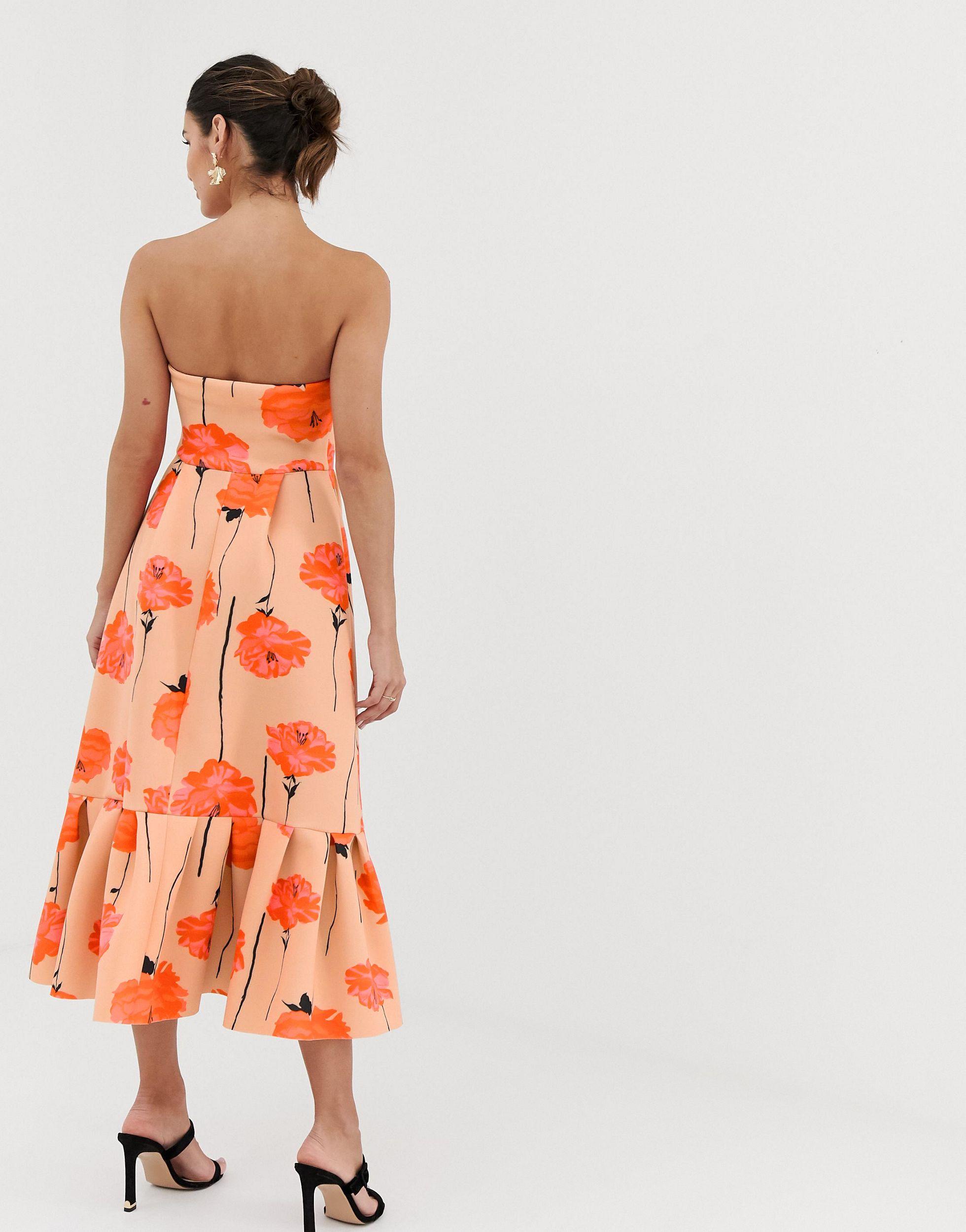 asos design bandeau midi dress with ruffle pep hem