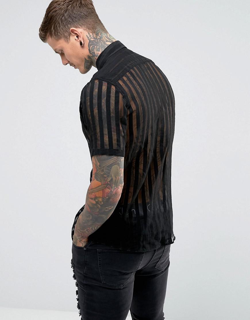 ASOS Regular Fit Viscose Sheer Stripe Shirt in Black for Men | Lyst