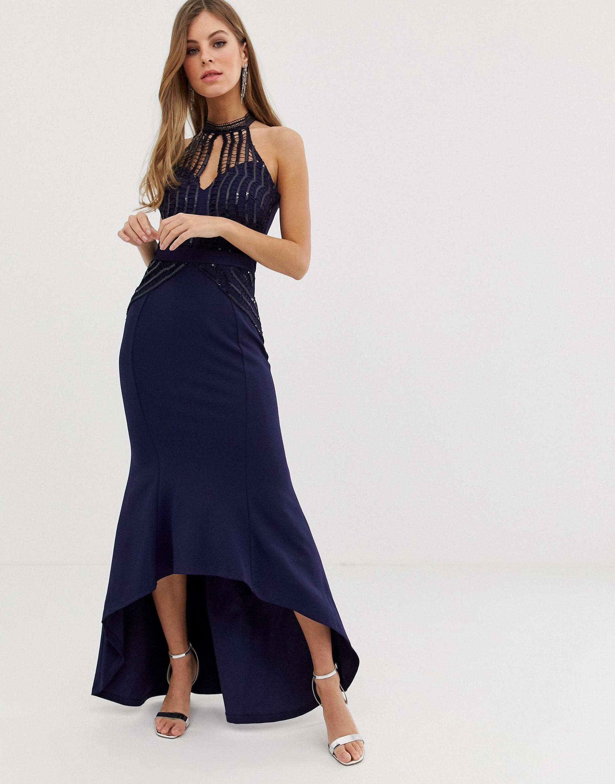 high neck blue maxi dress