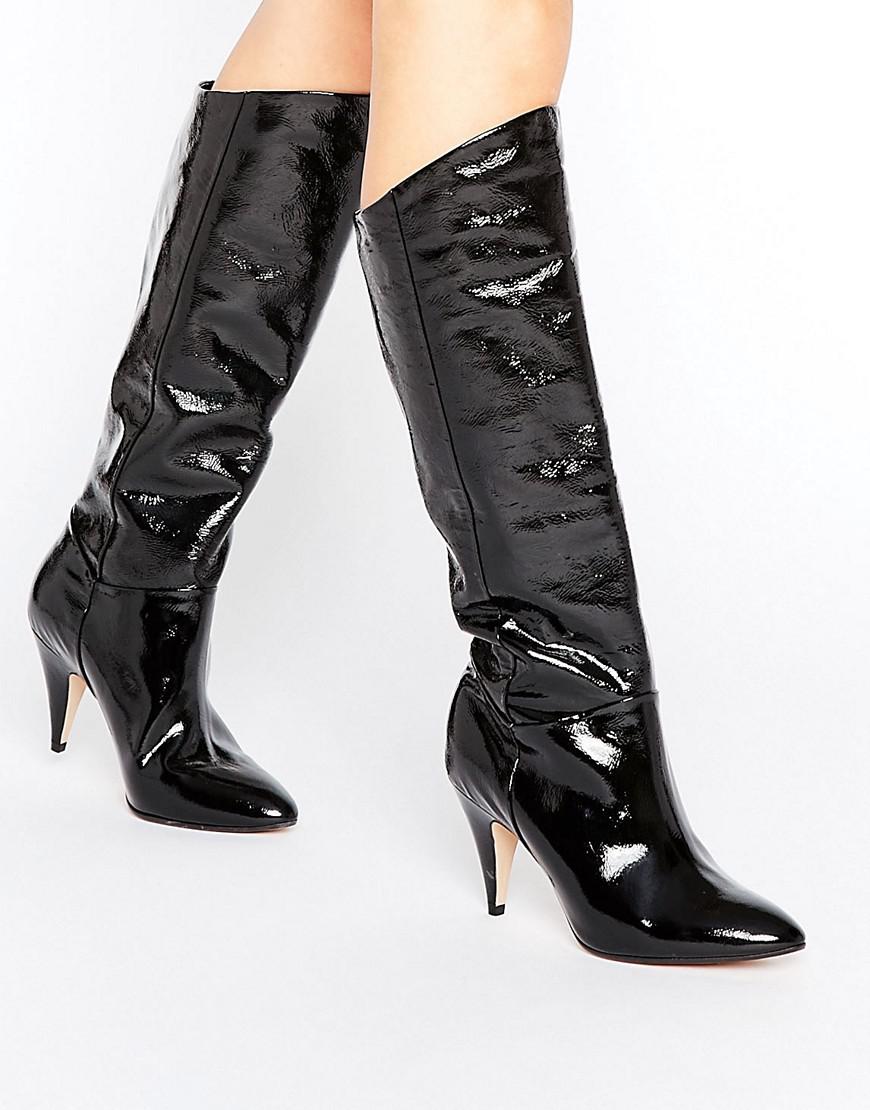 Office Leather Hydra Patent Heeled Knee Boots In Black Patent Leather