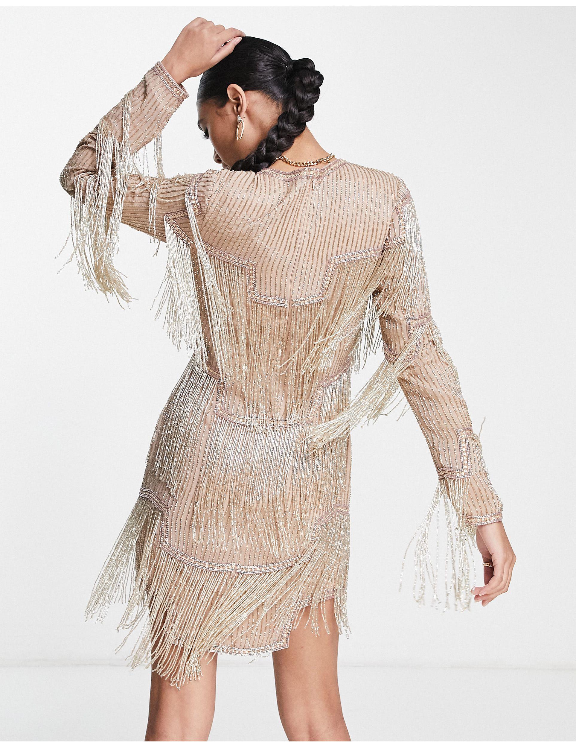 asos design embellished shift mini dress with beaded fringe ASOS DESIGN embellished mini wedding dress with fringe cuffs in ivory