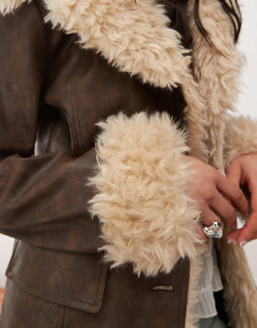 Reclaimed (vintage) Longline Leather Look Coat With Faux Fur Trims