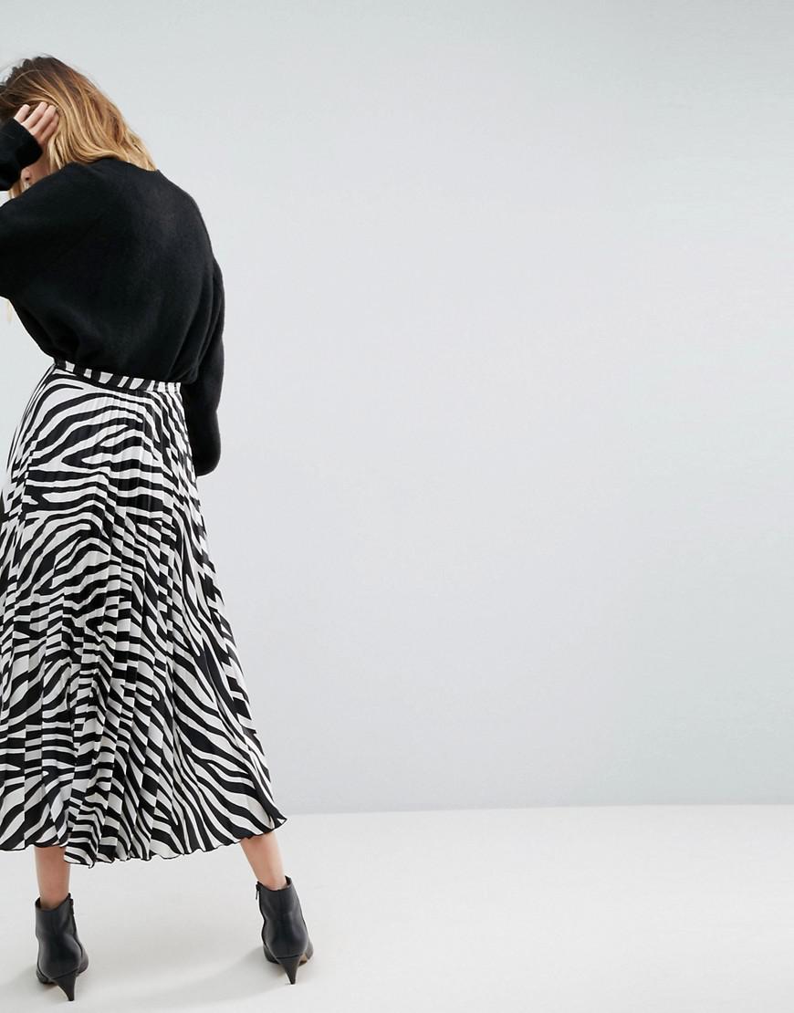 ASOS Satin Pleated Midi Skirt In Zebra Print in Black Lyst