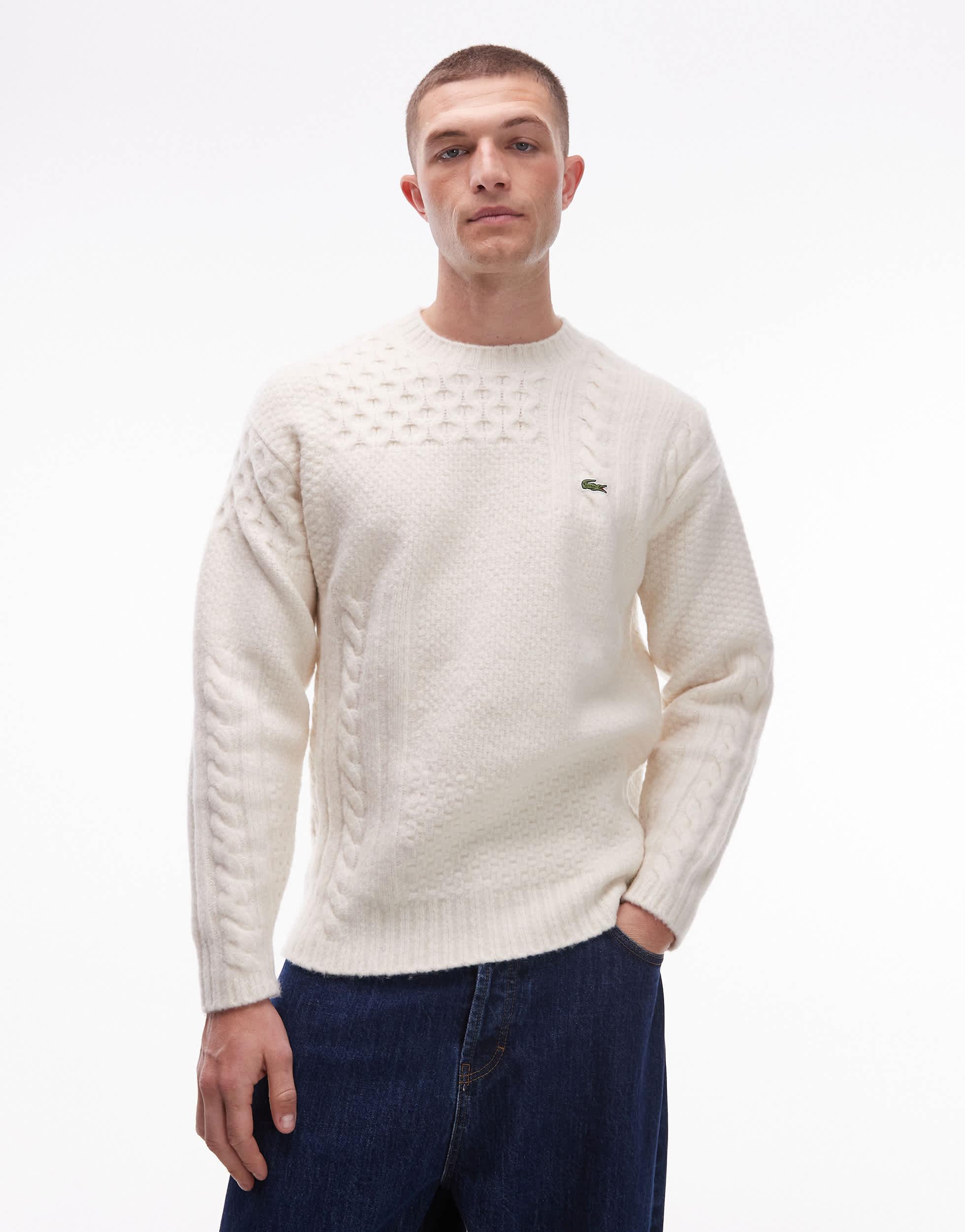 Pull en maille épaisse crème Lacoste pour homme en coloris Blanc - Main Image