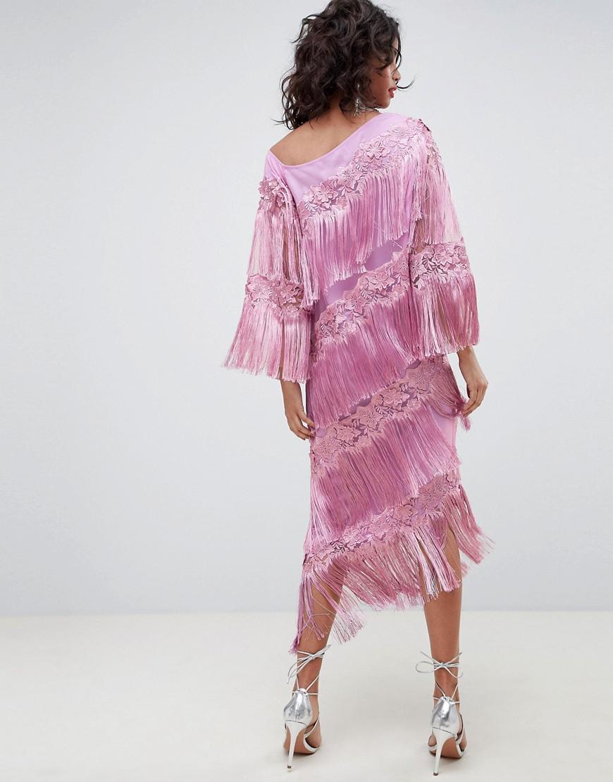 one shoulder fringe midi dress in pink