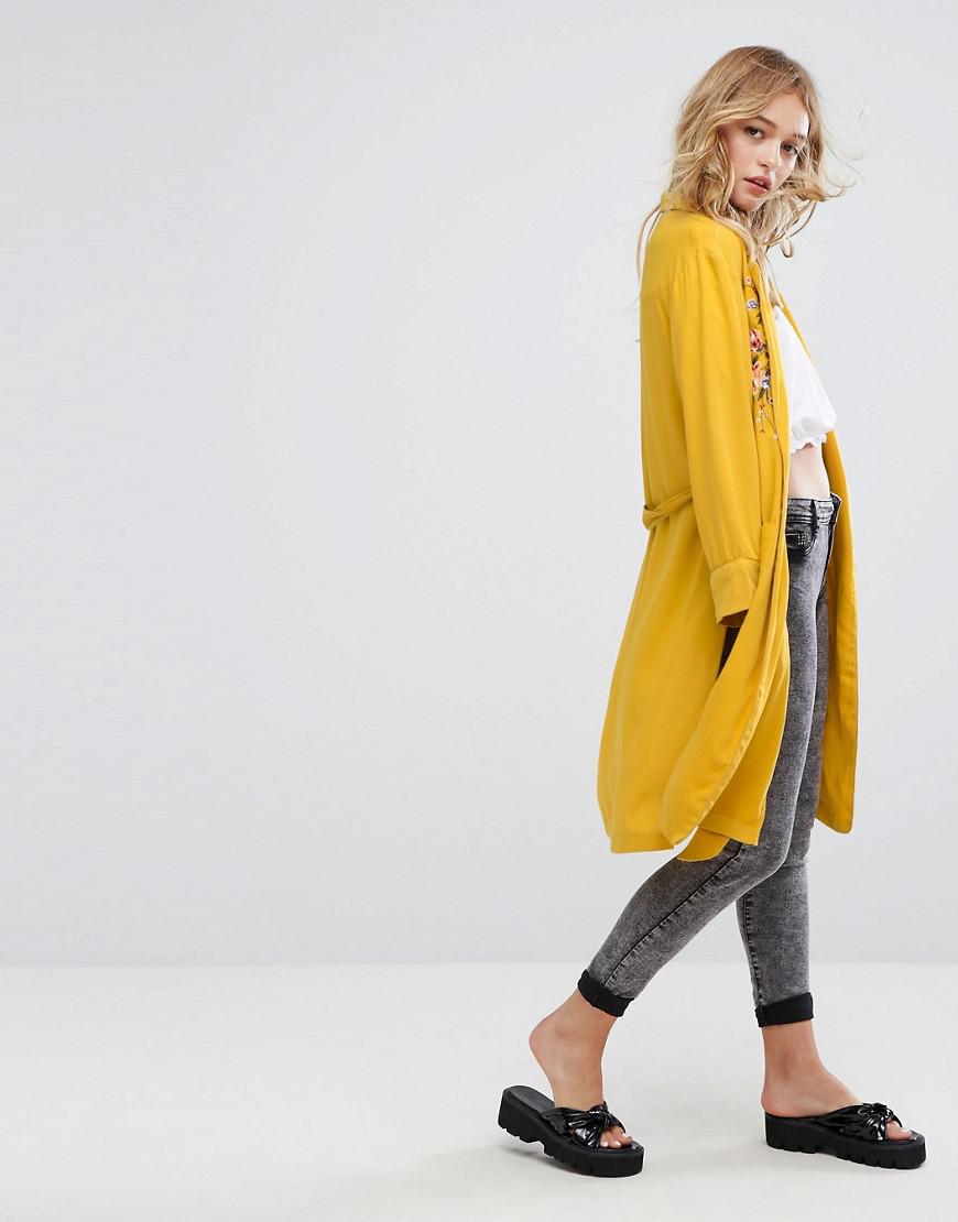 Bershka Synthetic Embroidered Kimono Jacket in Yellow | Lyst